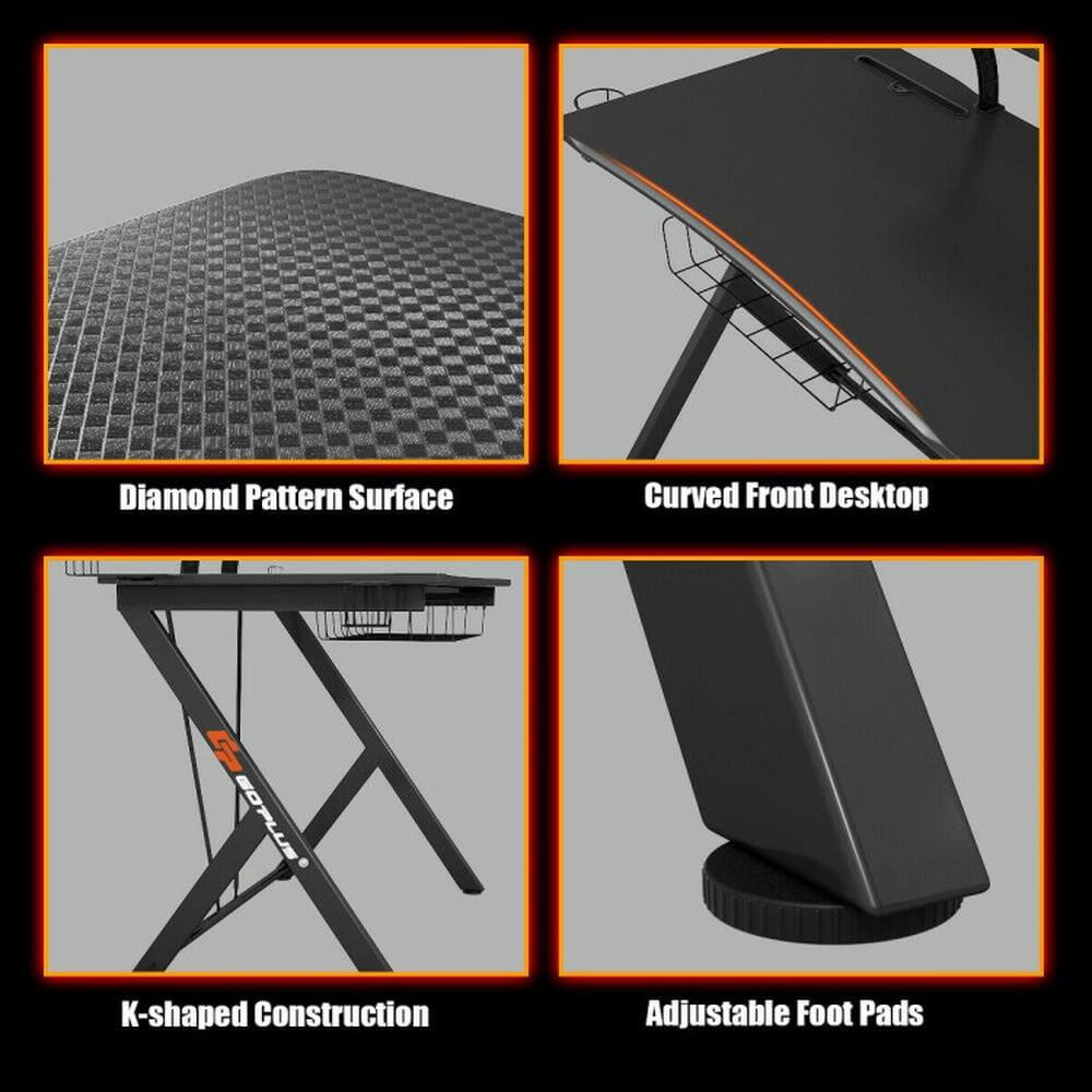 - Diamond Pattern Surface
- Curved Front Desktop
- K-shaped Construction
- Adjustable Foot Pads