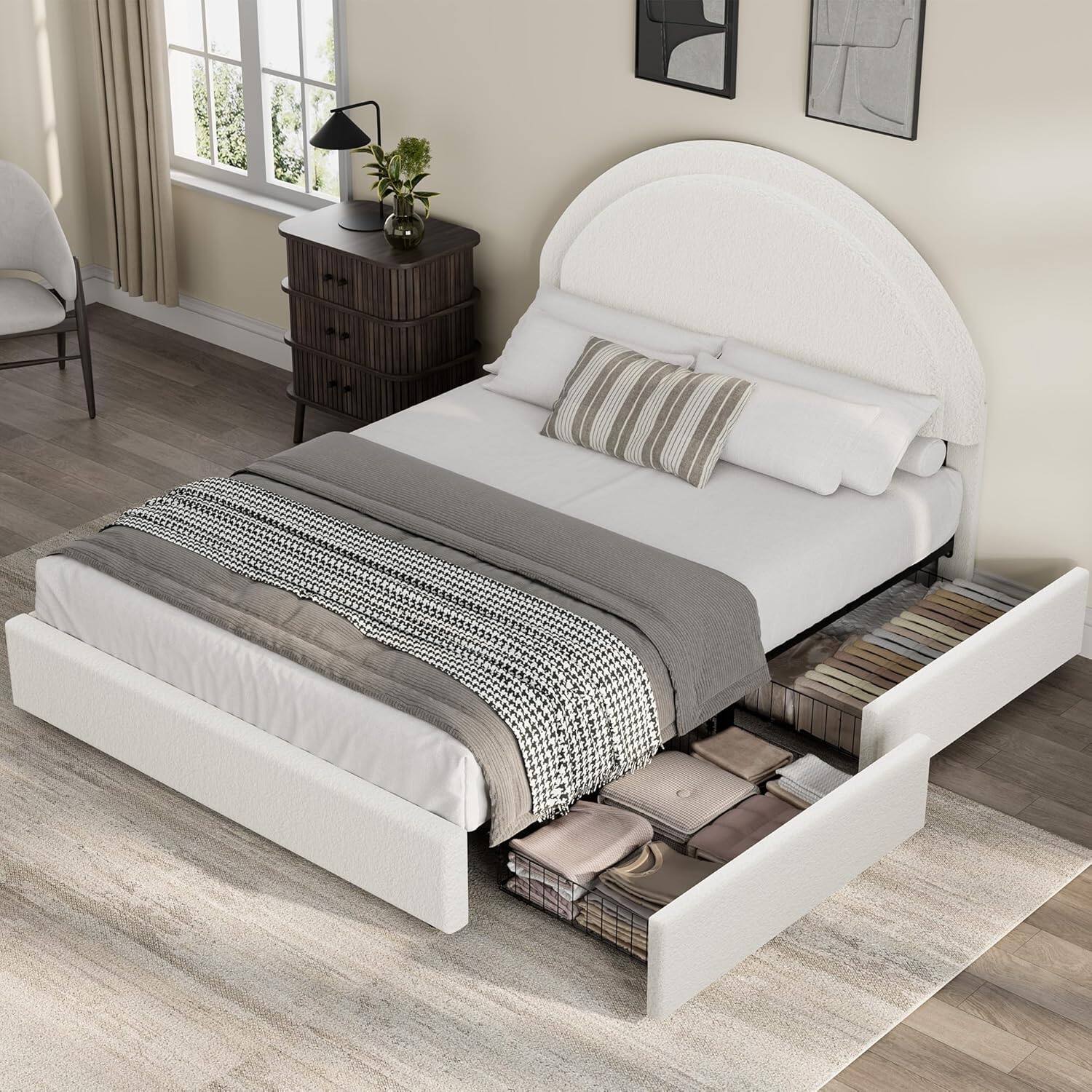 Left. Homhougo - Queen Boucle Bed Frame with Storage Drawers, White Upholstered Platform Bed with Round Headboard, Sturdy - White.