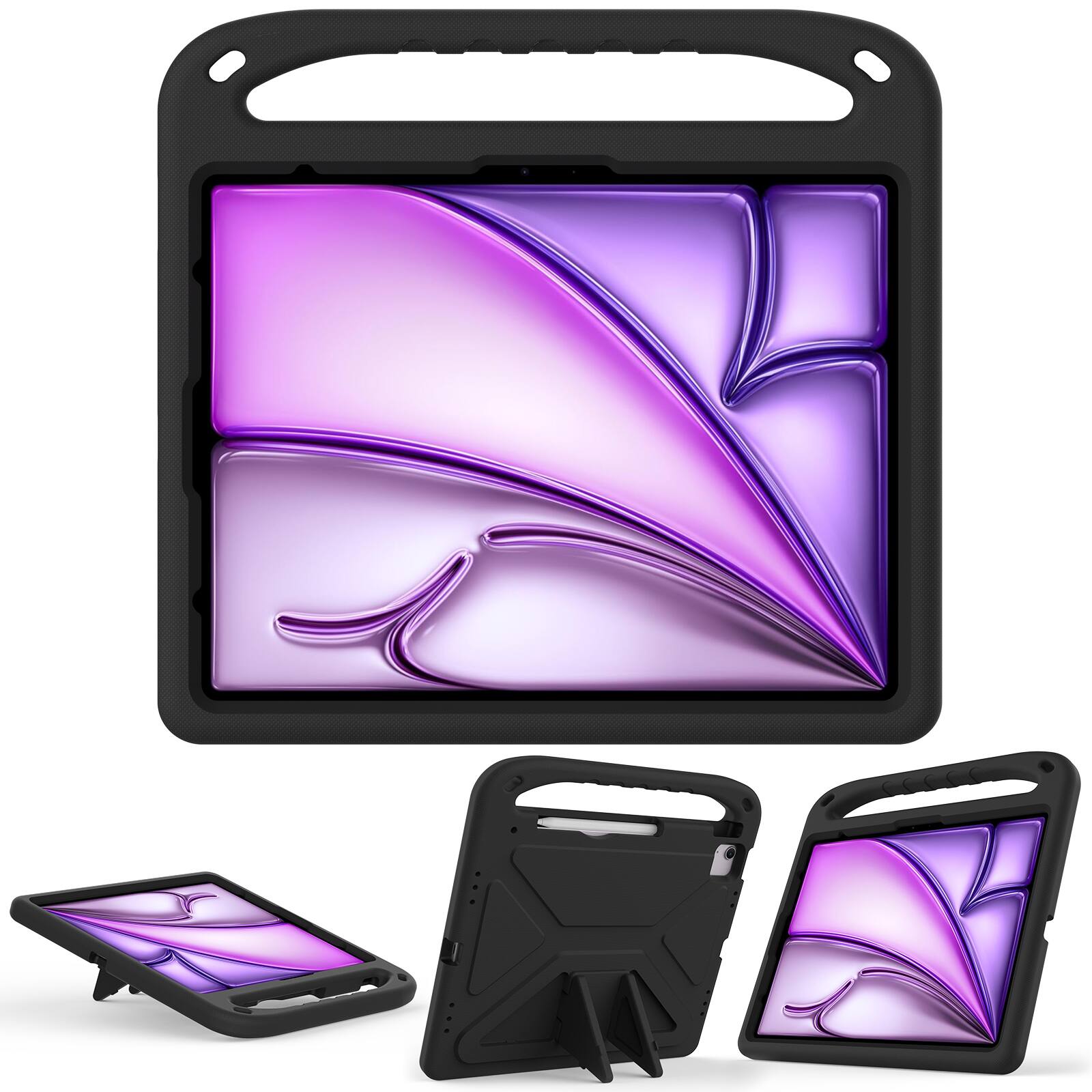 Angle. Dteck - For iPad Air 11 M4(2026)/M3 (2025)/M2 (2024) Rugged Case Kids Friendly EVA Handle Grip Pencil Holder Kickstand Cover - Black.