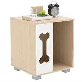 WELLFOR - Dog Crate Furniture with Bone-shape Window & Metal Legs, Dog Bed Side Table Wooden Dog Condo for Indoor - Natural
