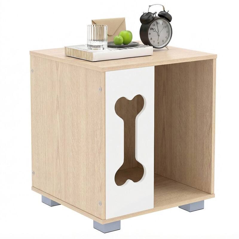 Front. WELLFOR - Dog Crate Furniture with Bone-shape Window & Metal Legs, Dog Bed Side Table Wooden Dog Condo for Indoor - Natural.