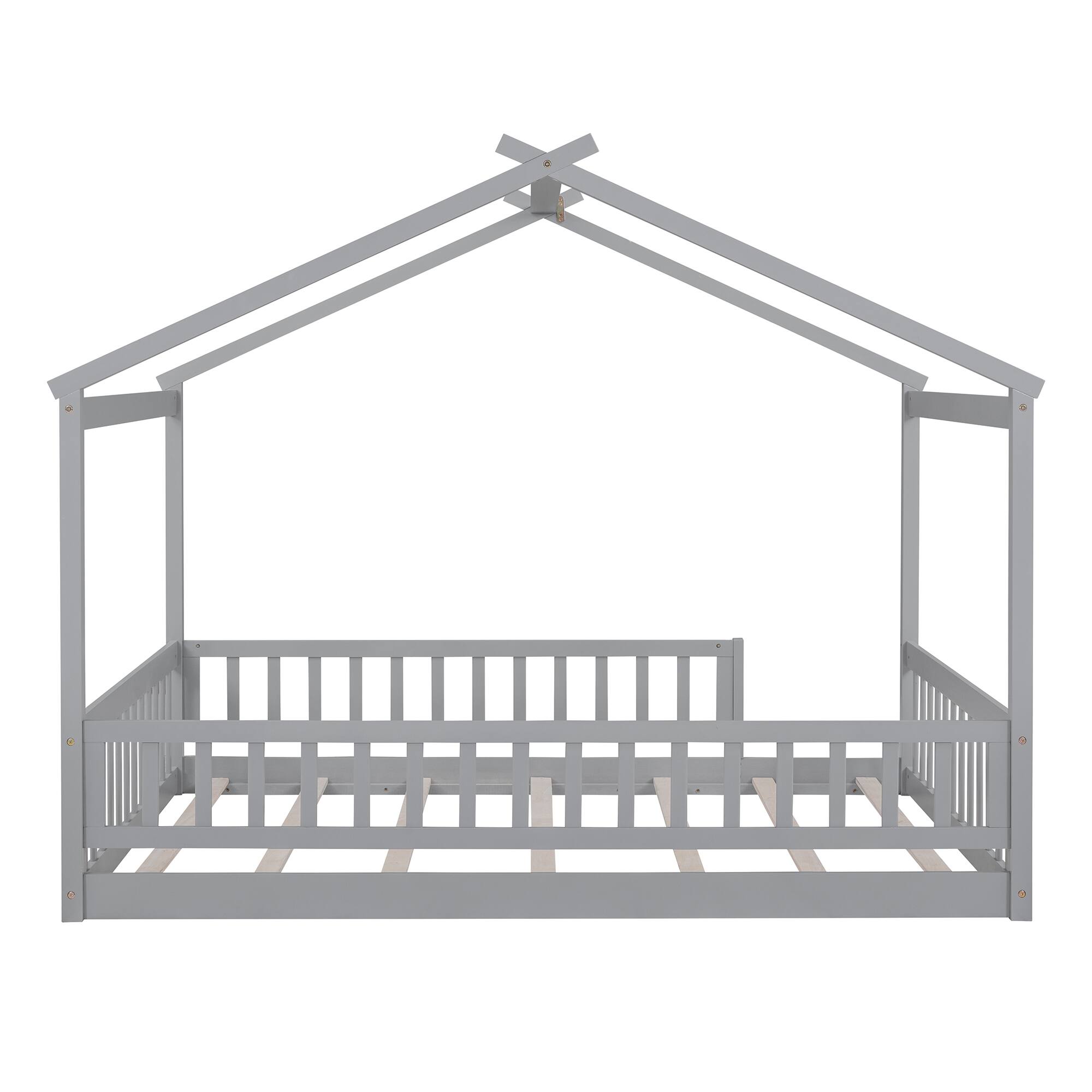 Back. Whisen - Full Size House Bed Frame with Fence, Solid Pine Wood Cabin-Style Platform Bed for Kids & Teens - Gray.