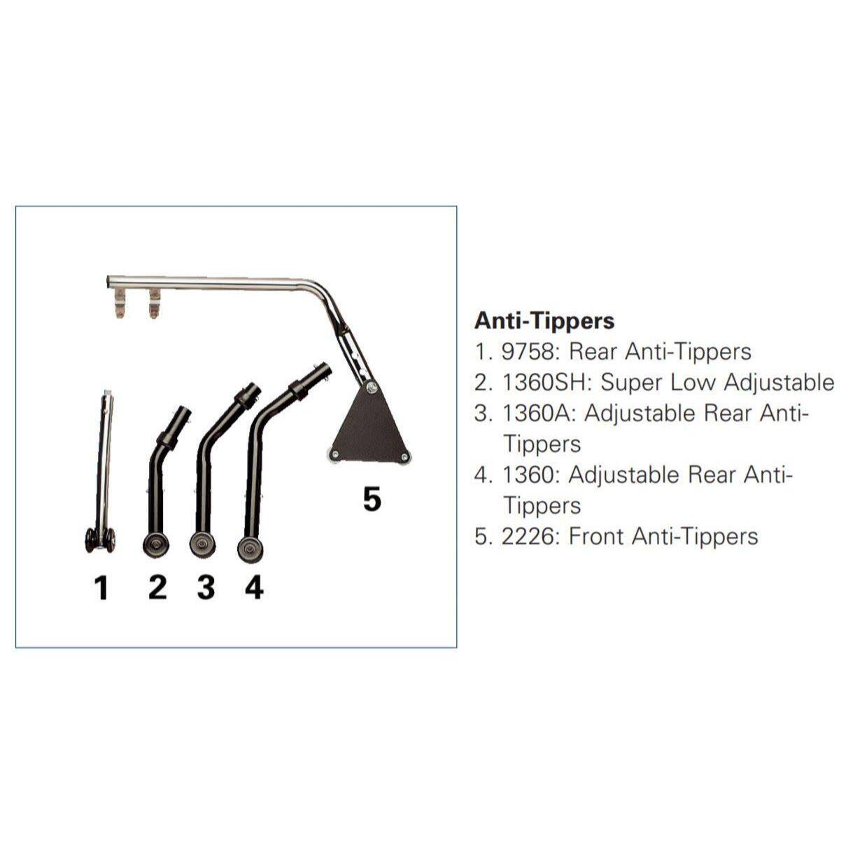 5 Anti-Tippers

1. 9758: Rear Anti-Tippers  
2. 1360SH: Super Low Adjustable  
3. 1360A: Adjustable Rear Anti-Tippers  
4. 1360: Adjustable Rear Anti-Tippers  
5. 2226: Front Anti-Tippers