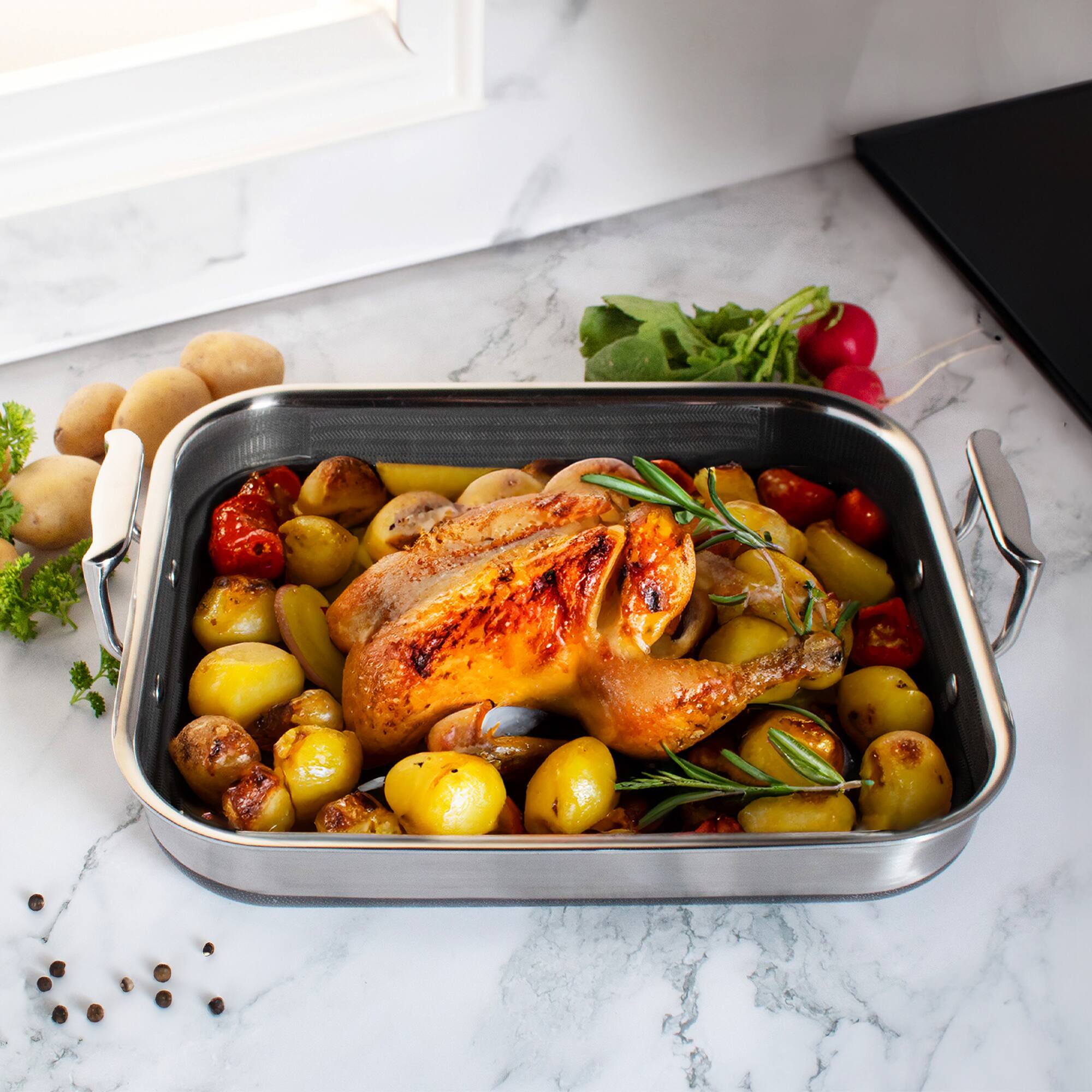Alt View 2. Livwell Brands - DiamondClad™ 14-inch Hybrid Nonstick Stainless Steel Roasting Pan with Basket, Dishwasher Safe, PFOA-free – Silver/Black - Silver/Black.