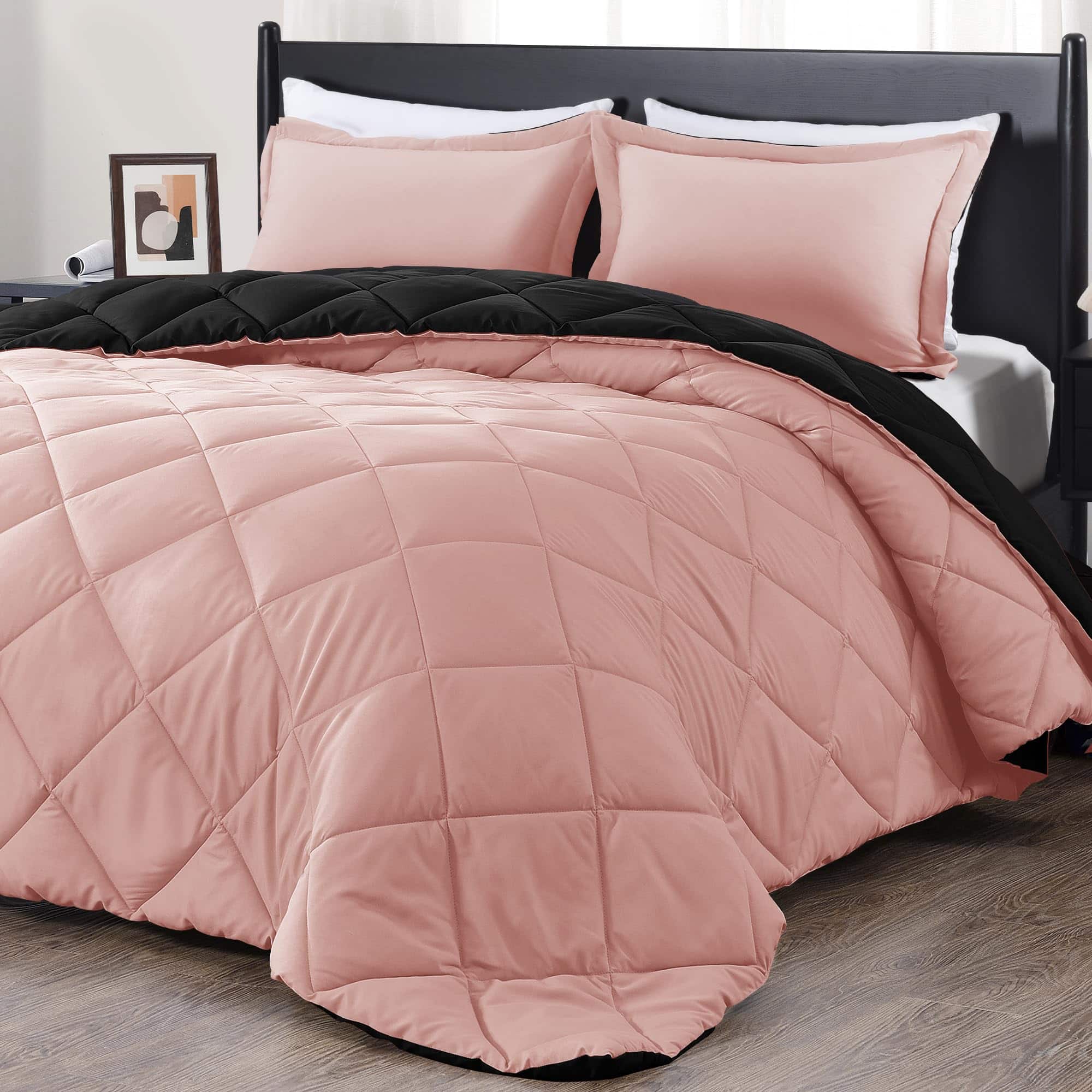 Comfort Essence - Queen Comforter Set And Soft Bedding Sets For All Seasons 3 Pieces 1 2 Pillow Shams - Pink/Black-King