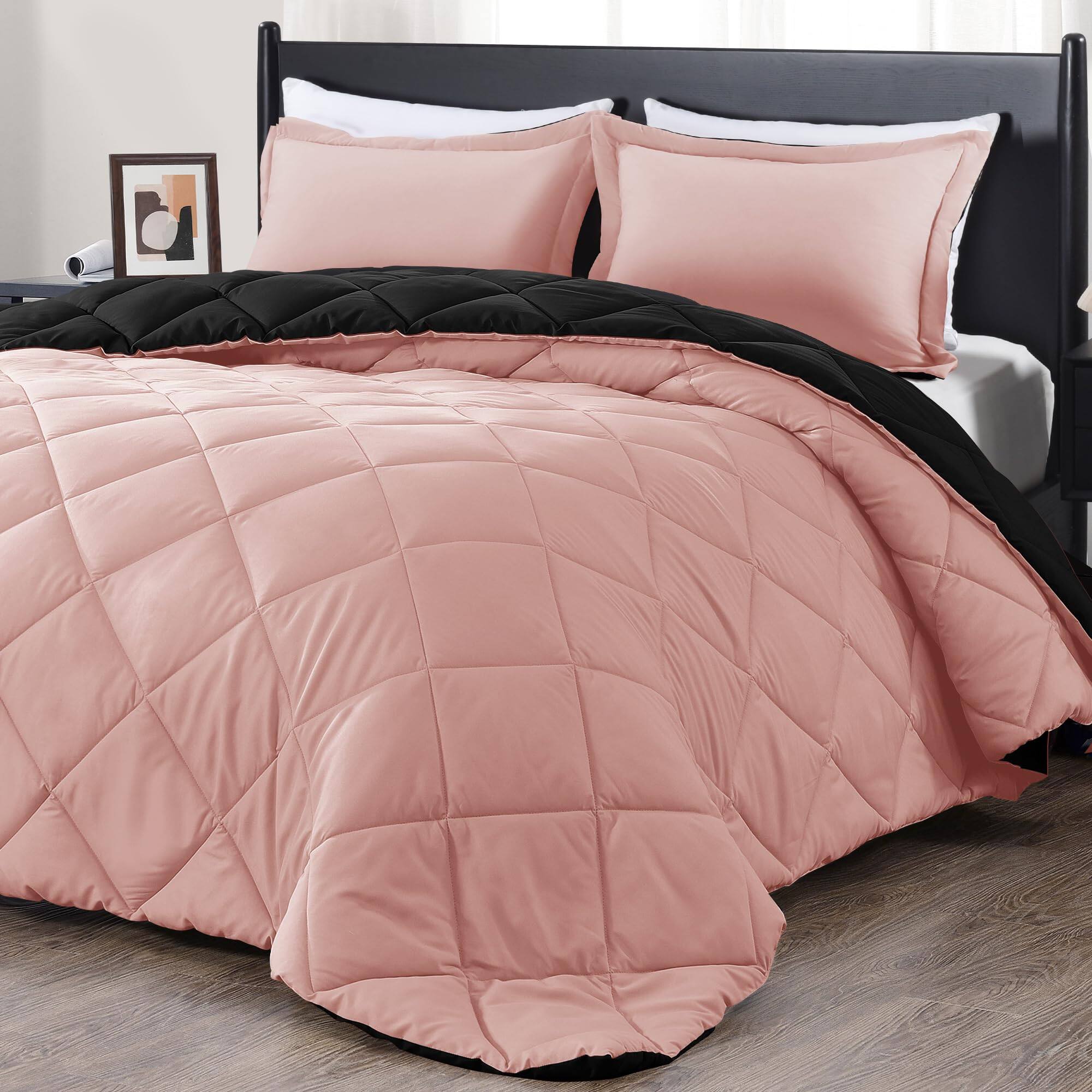 Comfort Essence - Queen Comforter Set And Soft Bedding Sets For All Seasons 3 Pieces 1 2 Pillow Shams - Pink/Black-King