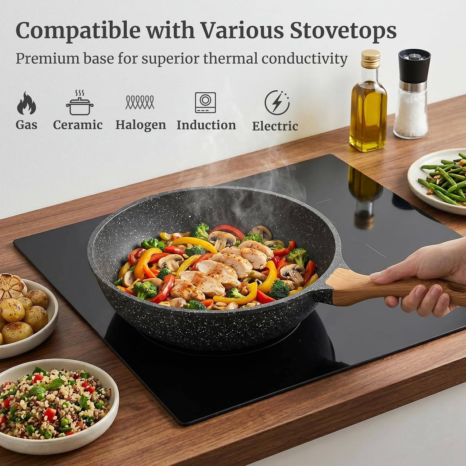 Compatible with Various Stovetops  
Premium base for superior thermal conductivity  
Gas  
Ceramic  
Halogen  
Induction  
Electric