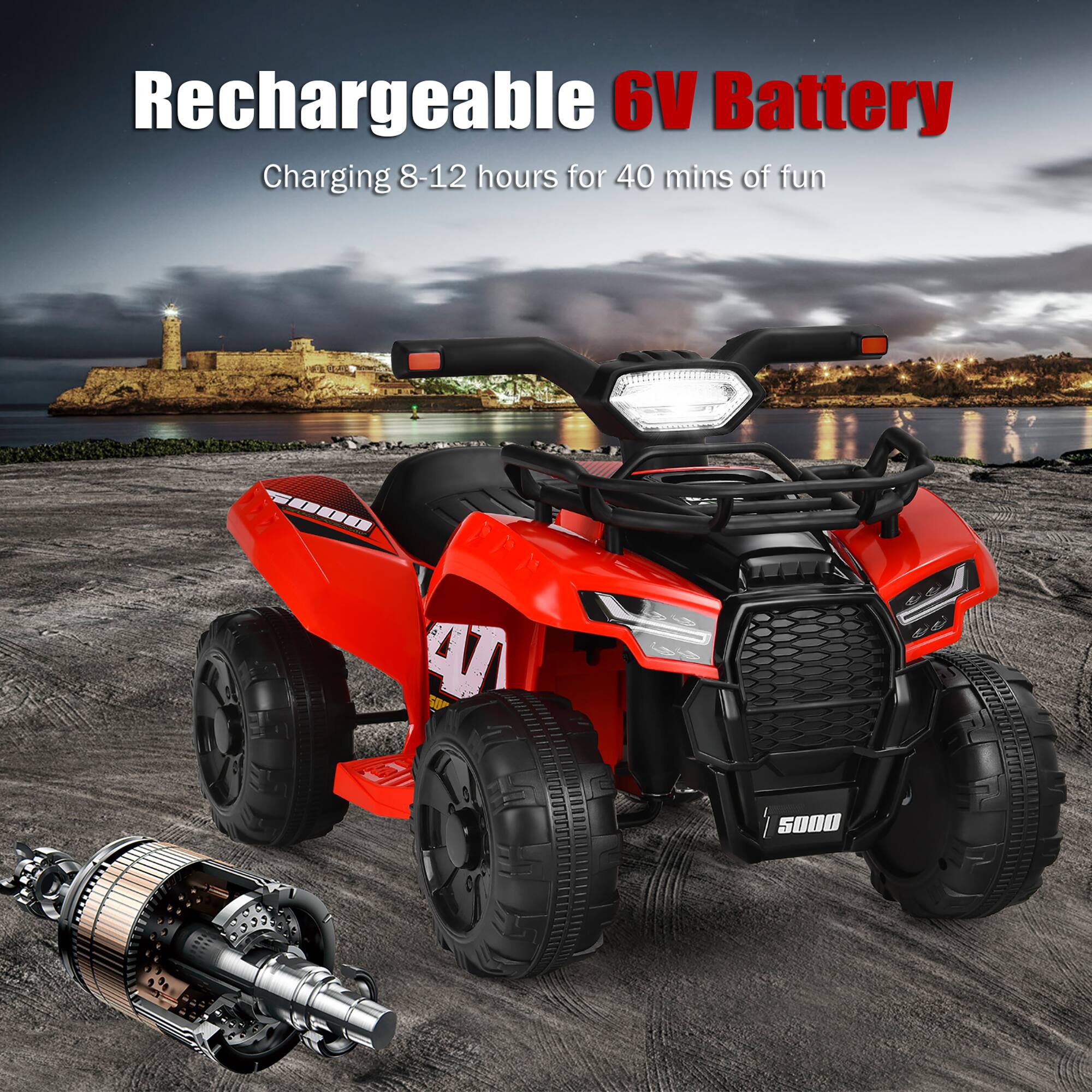 Rechargeable 6V Battery  
Charging 8-12 hours for 40 mins of fun