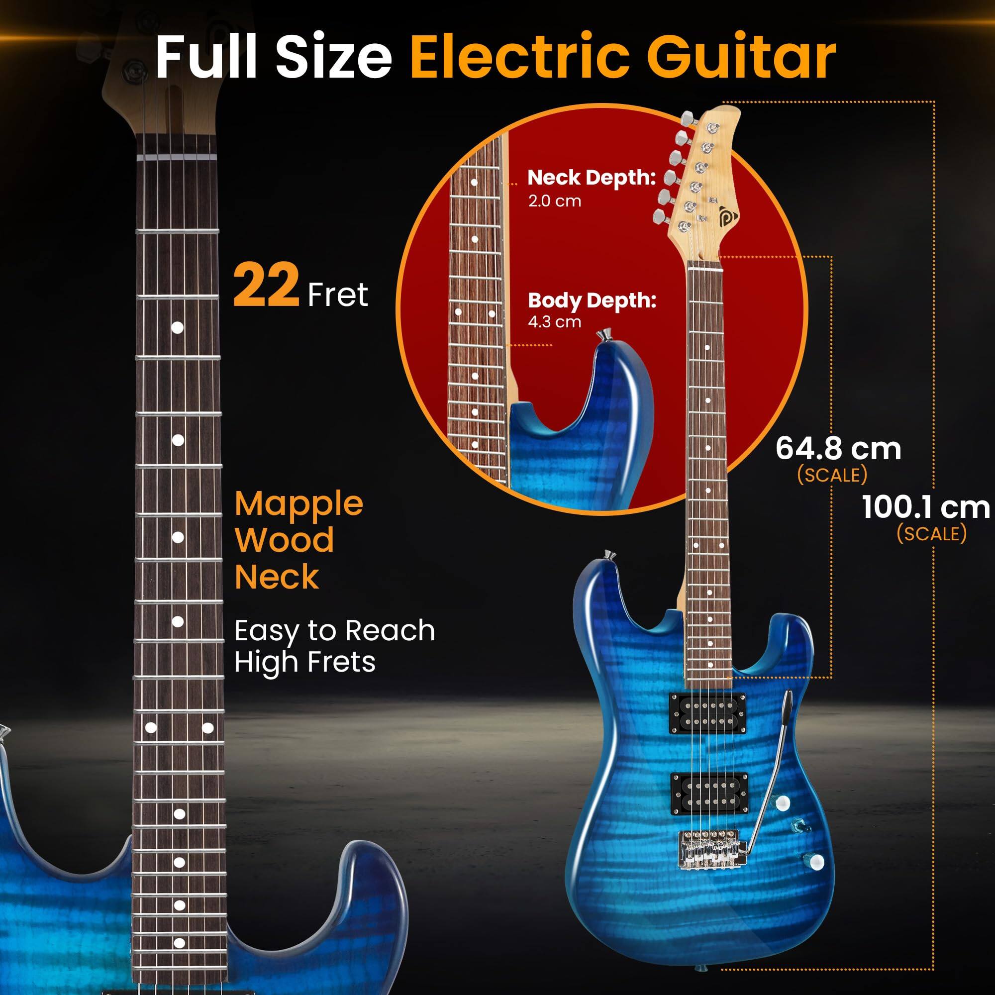 Full Size Electric Guitar  
Neck Depth: 2.0 cm  
Body Depth: 4.3 cm  
Maple Wood Neck  
22 Fret  
Easy to Reach High Frets  
64.8 cm (SCALE)  
100.1 cm (SCALE)