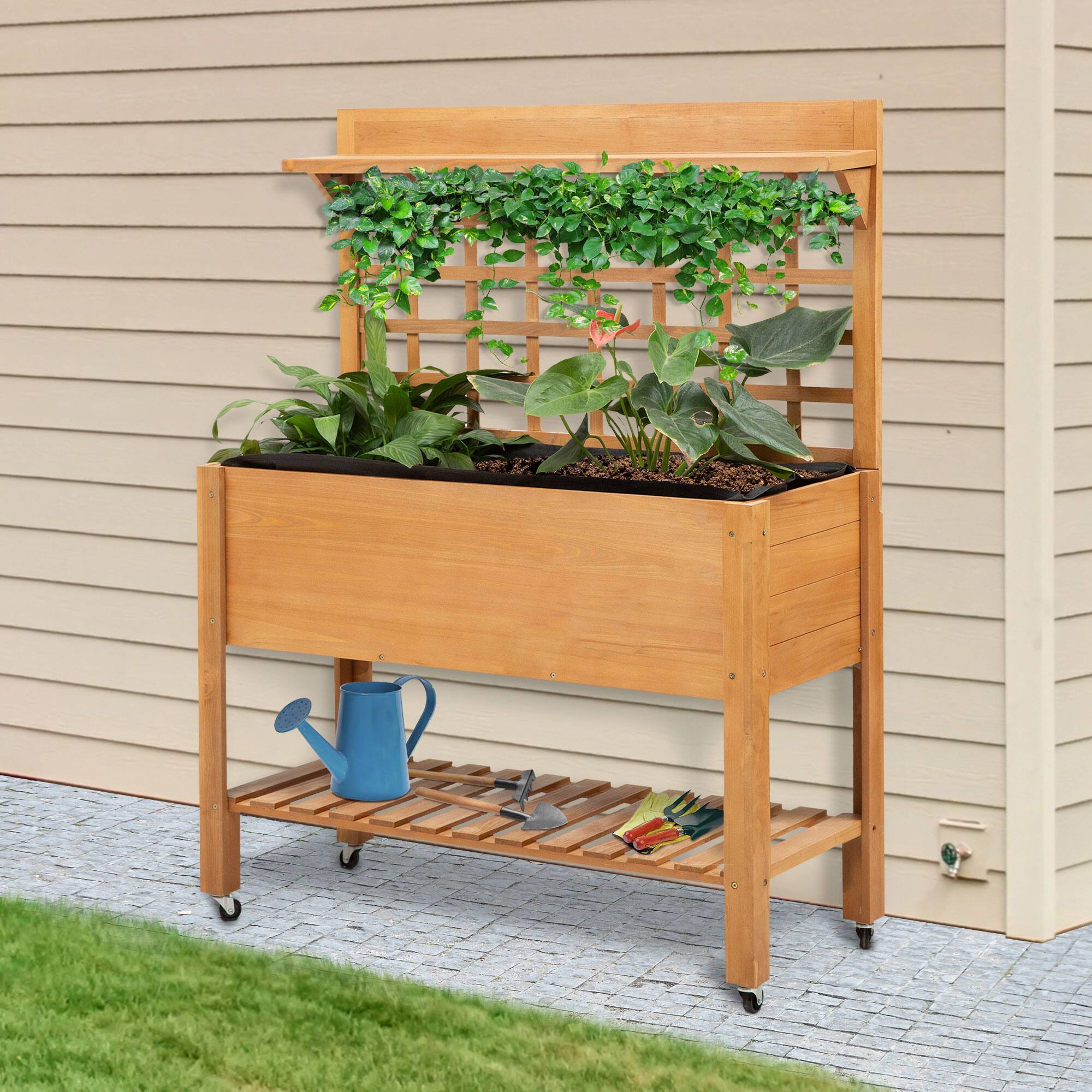 Alt View 1. Outsunny - 41" Raised Garden Bed with Trellis on Wheels, Wooden Elevated Planter Box with Legs and Bed Liner - Brown.
