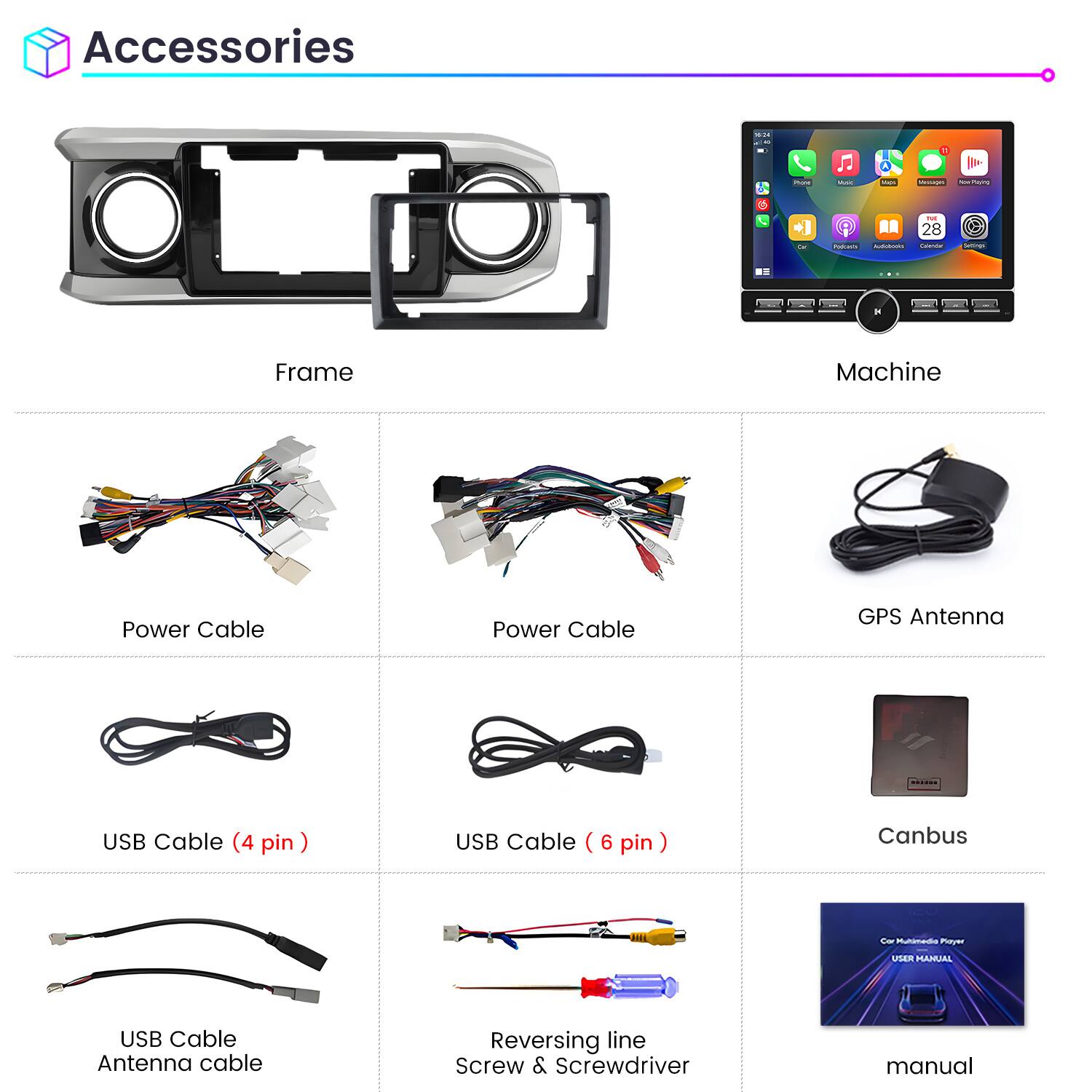 Accessories

- Frame
- Machine
- Power Cable
- Power Cable
- GPS Antenna
- USB Cable (4 pin)
- USB Cable (6 pin)
- Canbus
- USB Cable Antenna cable
- Reversing line Screw & Screwdriver
- Manual