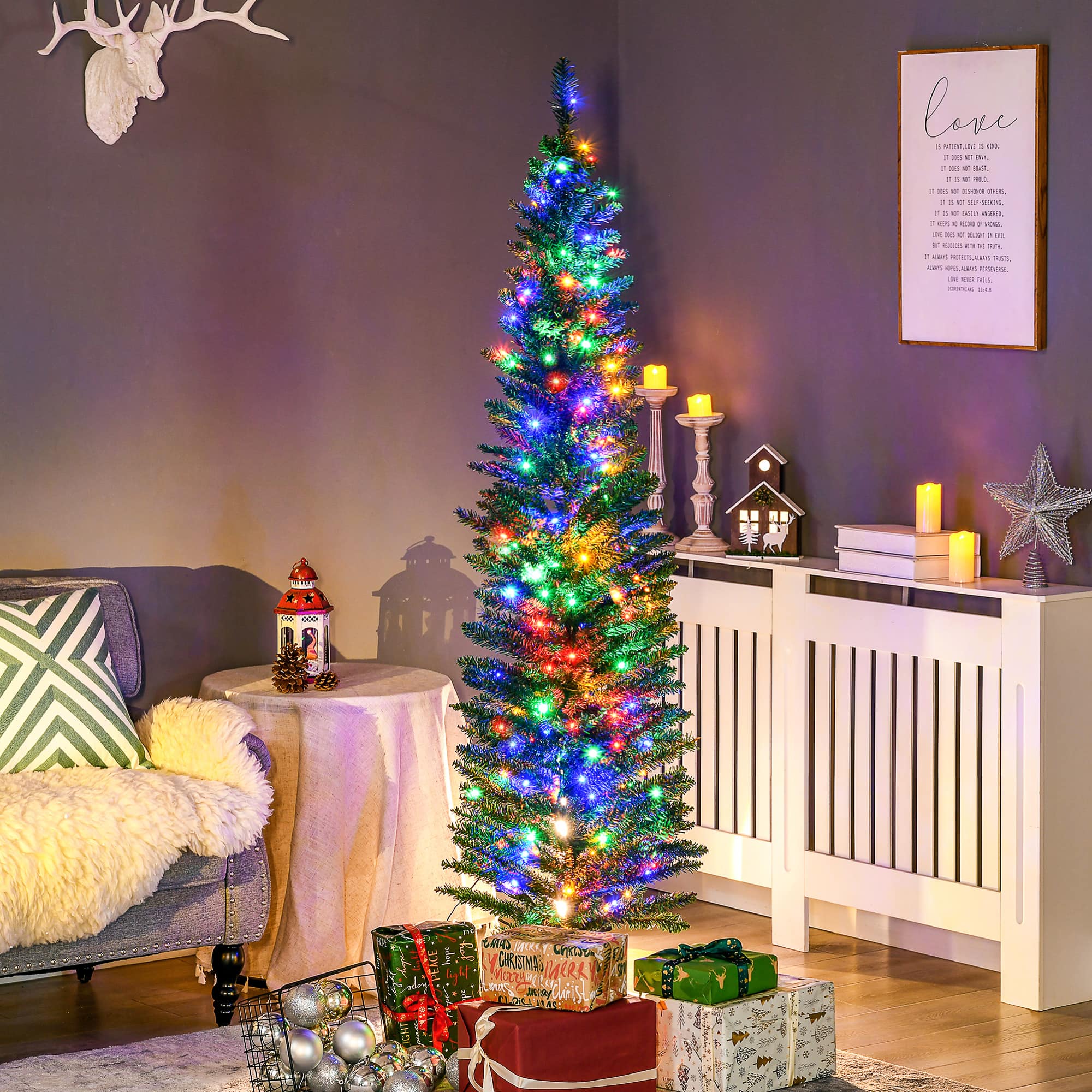 VAVSEA - 6 ft Pre-Lit Pencil Christmas Tree, 390 Tips Slim Artificial Xmas Tree with 150 Multi-Color LED Lights & Steel Base - Green