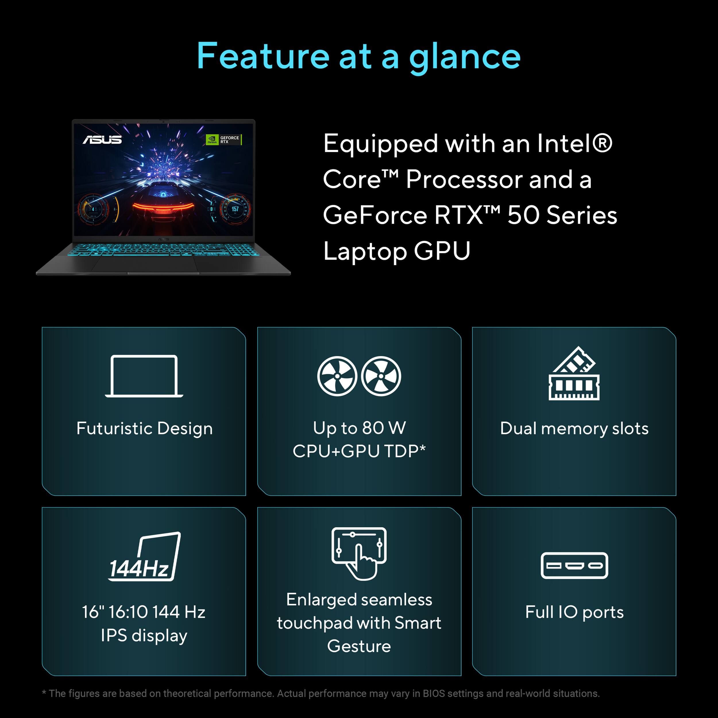 Feature at a glance

ASUS
GEFORCE RTX

Equipped with an Intel® Core™ Processor and a GeForce RTX™ 50 Series Laptop GPU

Futuristic Design

Up to 80 W CPU+GPU TDP*

Dual memory slots

144Hz 16" 16:10 144 Hz IPS display

Enlarged seamless touchpad with Smart Gesture

Full IO ports

*The figures are based on theoretical performance. Actual performance may vary in BIOS settings and real-world situations.