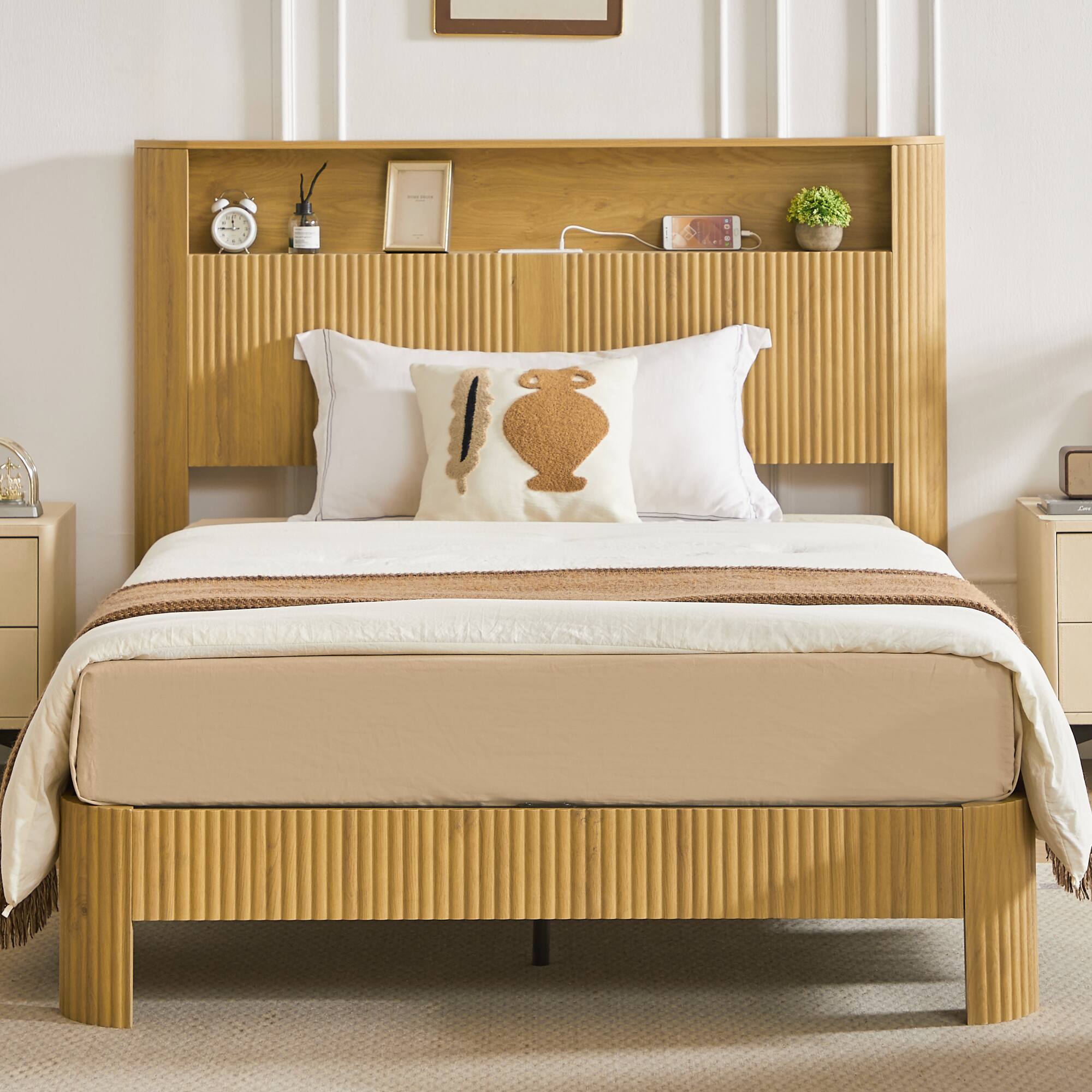 Back. GOODSILO - Full XL Storage Bed Frame with Charging Station Headboard and Wavy Curved Design in Walnut Finish - Natural.