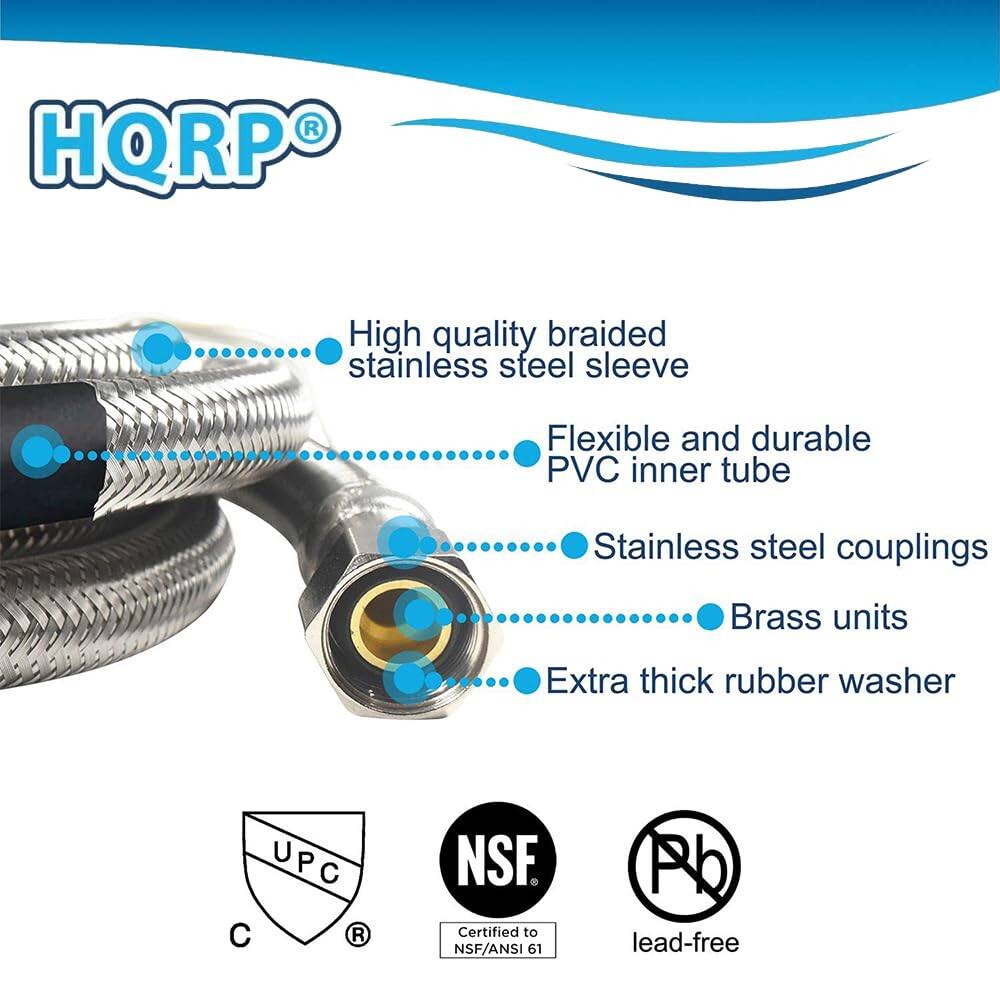 HQRP High quality braided stainless steel sleeve Flexible and durable PVC inner tube Stainless steel couplings Brass units Extra thick rubber washer UPC C R NSF. Certified to NSF/ANSI 61 Pb lead-free
