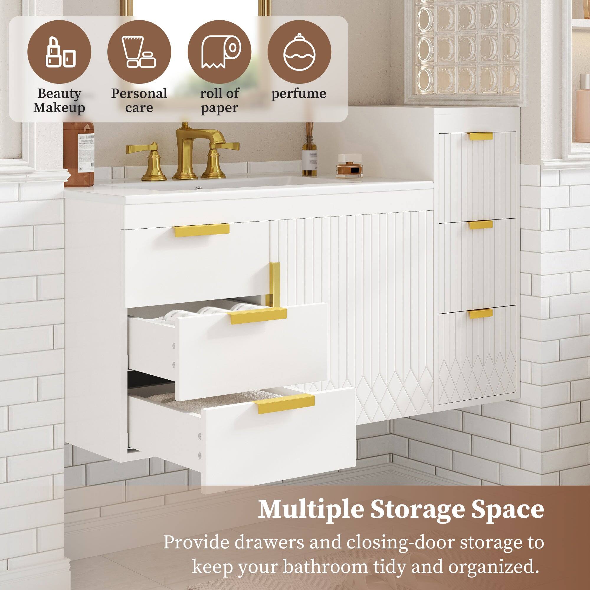 Beauty, Personal care, roll of paper, perfume

Multiple Storage Space
Provide drawers and closing-door storage to keep your bathroom tidy and organized.