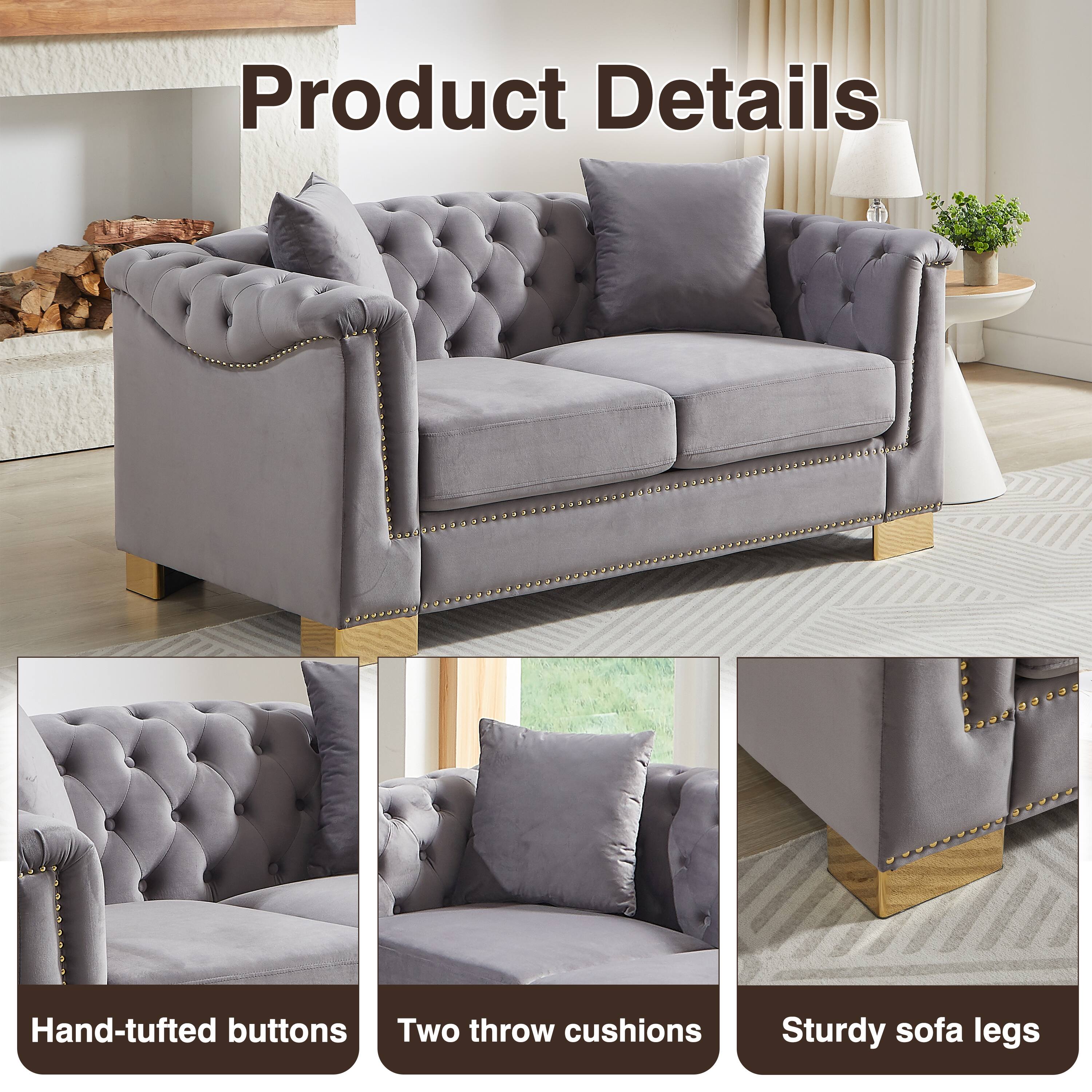 Product Details

- Hand-tufted buttons
- Two throw cushions
- Sturdy sofa legs