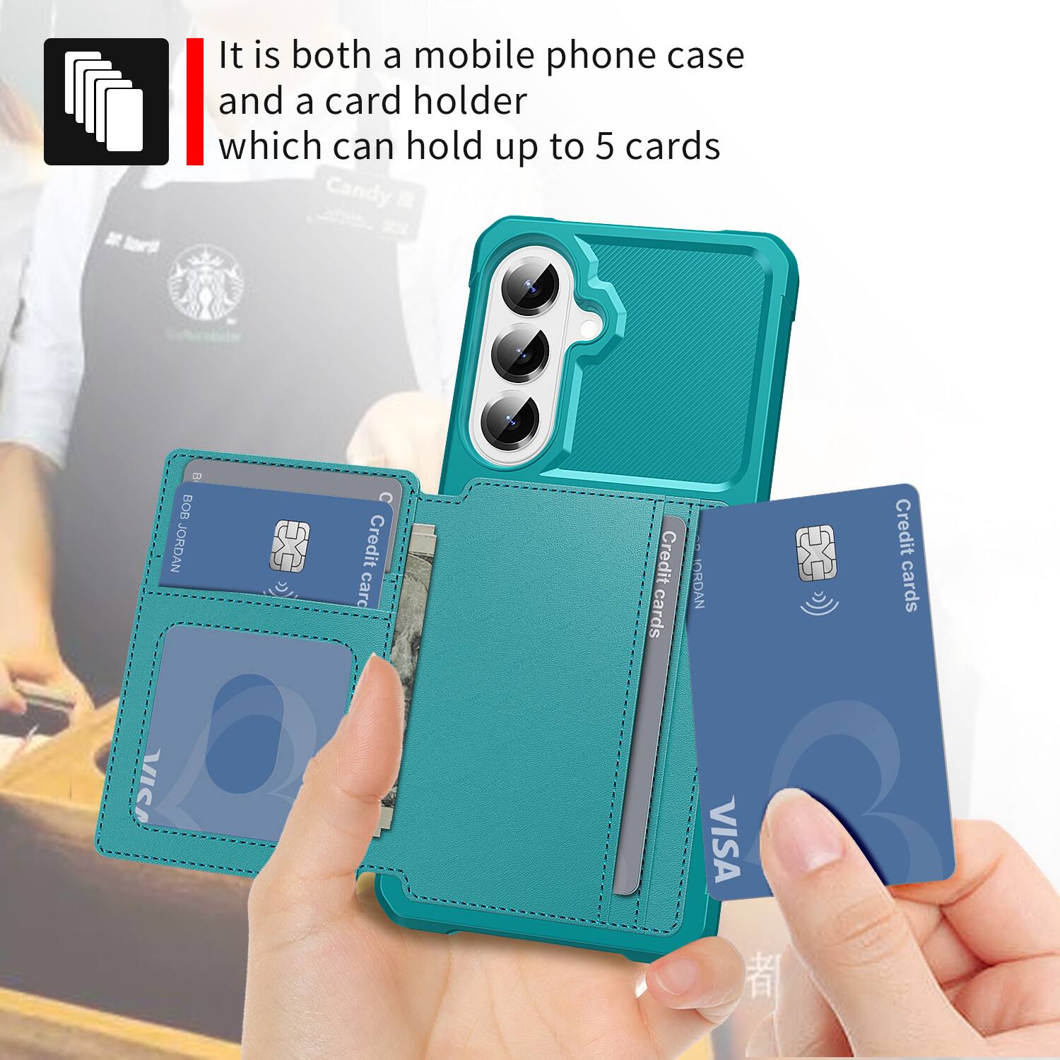 It is both a mobile phone case and a card holder which can hold up to 5 cards.