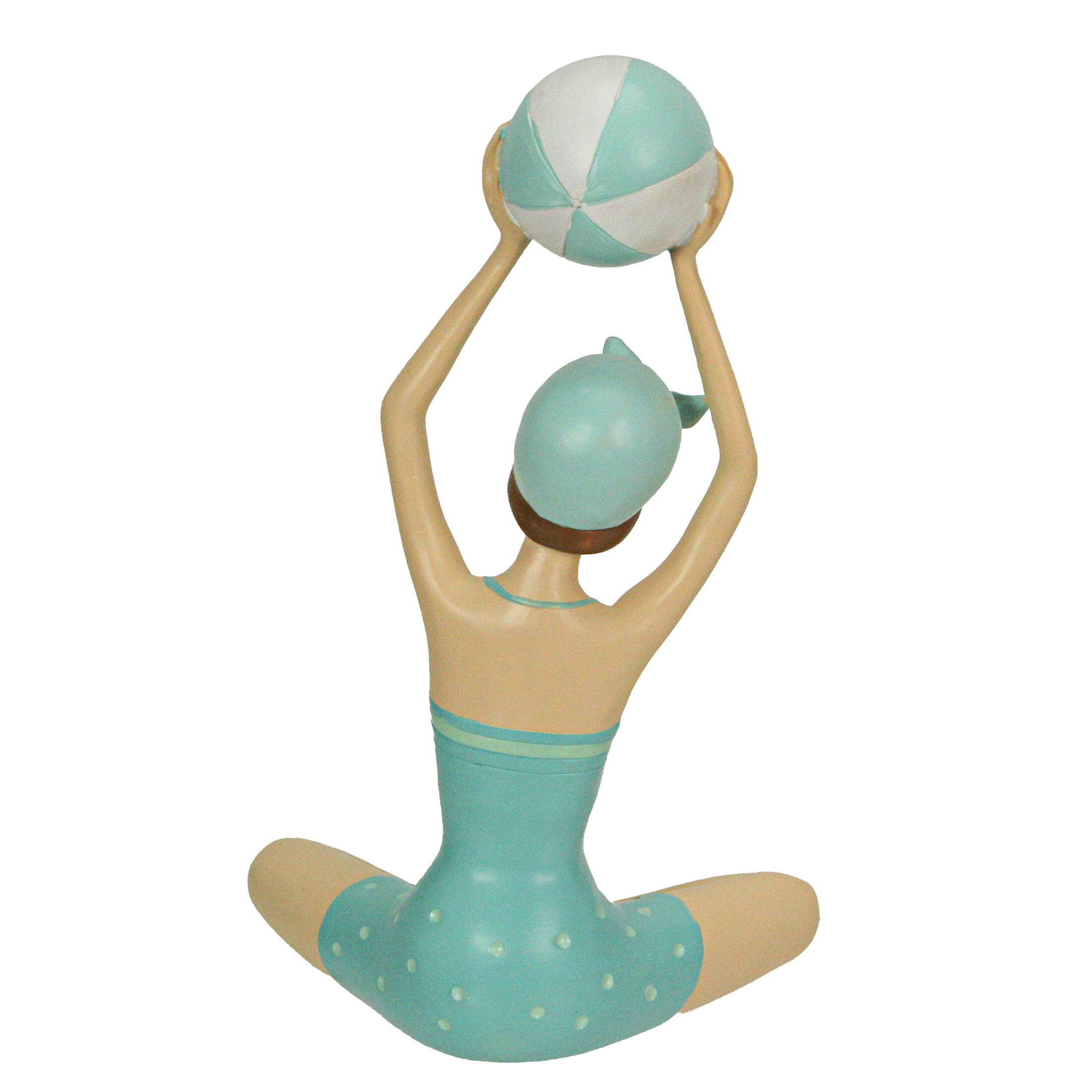 Alt View 3. Fancy That - Retro Bathing Beauty Beach Girl With Ball Sage Green Polka Dot Swimsuit Figurine - Aqua.