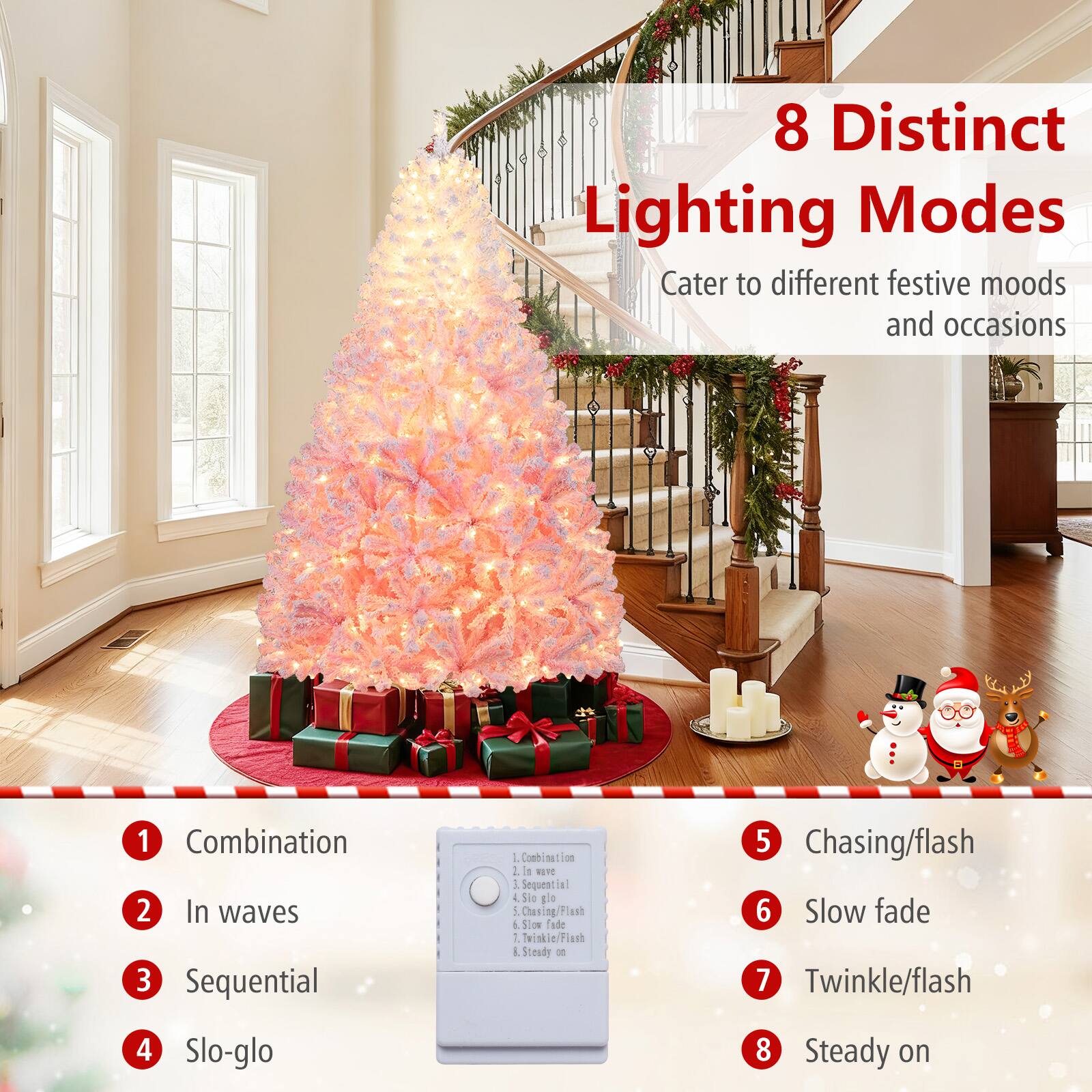 8 Distinct Lighting Modes  
Cater to different festive moods and occasions

1. Combination  
2. In waves  
3. Sequential  
4. Slo-glo  
5. Chasing/flash  
6. Slow fade  
7. Twinkle/flash  
8. Steady on