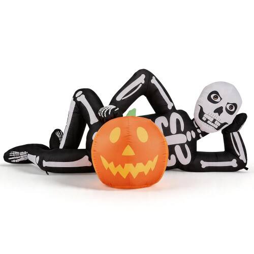 Alt View 1. Winado - 7FT Halloween Inflatable Wacky Lying Skeleton with Lights, Pumpkin for Indoor Outdoor Holiday Garden Party Decoration - White & Black.