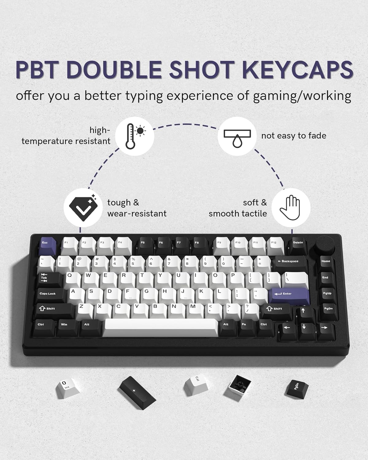 PBT DOUBLE SHOT KEYCAPS offer you a better typing experience of gaming/working high-temperature resistant not easy to fade tough & wear-resistant soft & smooth tactile

F1 .2 .. .4 FS FS t. FS F18 F. 1 Delte . ! 1 a 2 a 3 8 4 % 5 A  & 7 *  I 9 I . - - Dackapace Home - TaD - O w E R T Y U I o P I : I 1 Ene Caps Lok A S D F G H J  L - a Eaa Pyt srt Z x C v  N M < > ? / SNrS Pgba Catri Win AMt Al Pm C POn