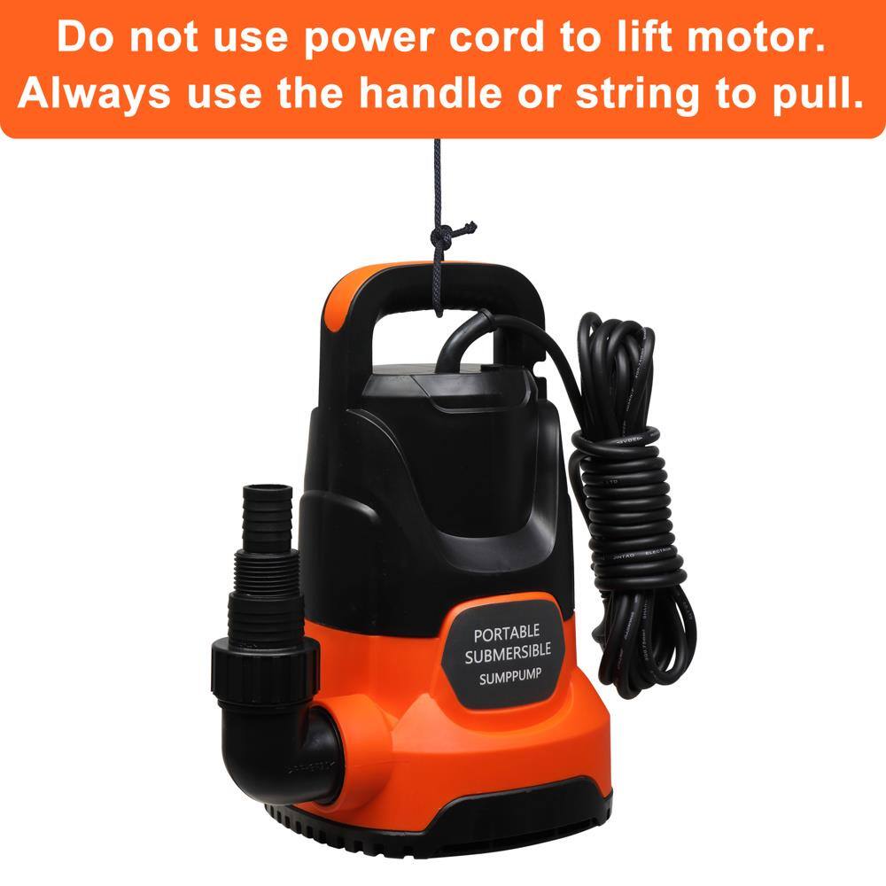 Do not use power cord to lift motor. Always use the handle or string to pull.

PORTABLE SUBMERSIBLE SUMPPUMP
