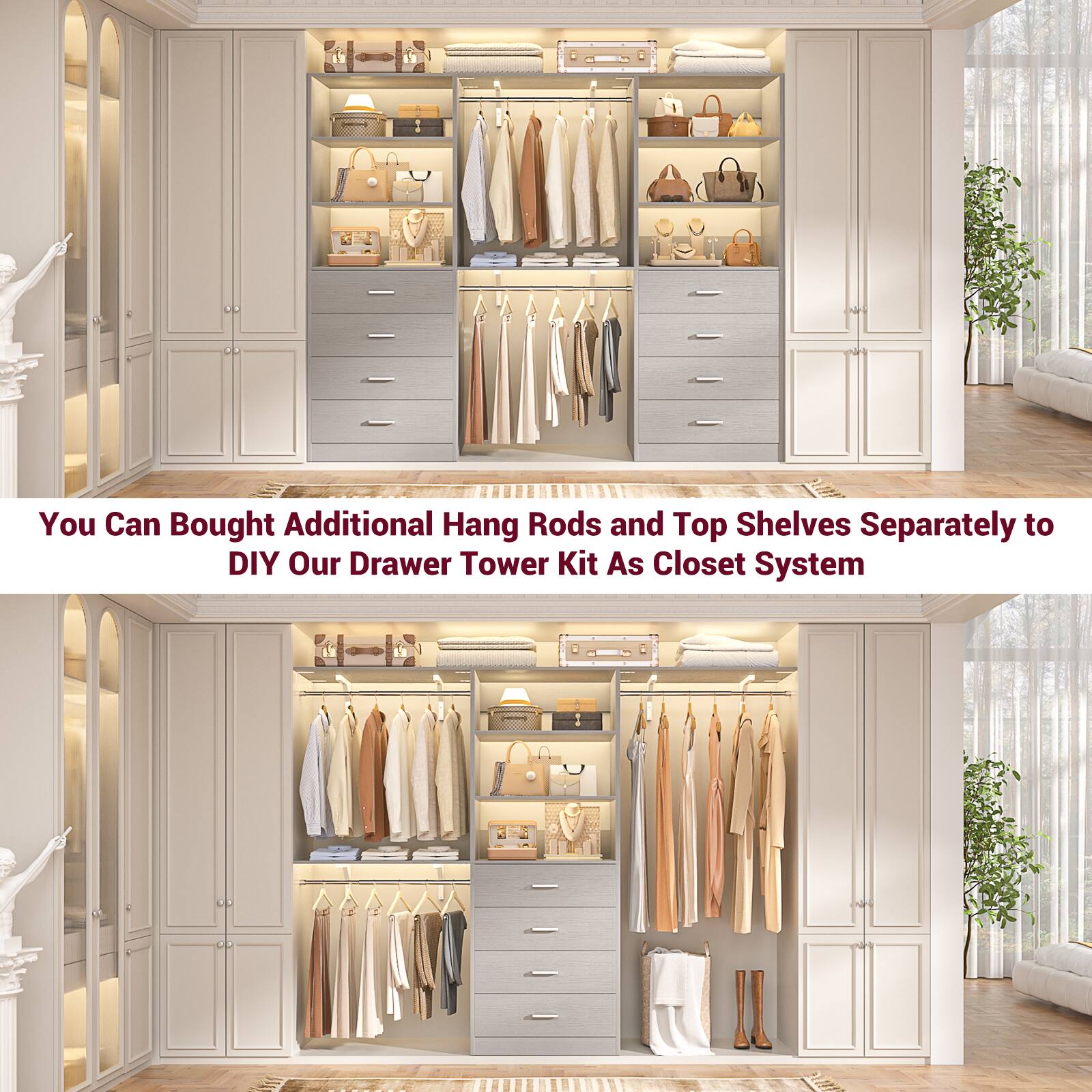 You Can Bought Additional Hang Rods and Top Shelves Separately to DIY Our Drawer Tower Kit As Closet System