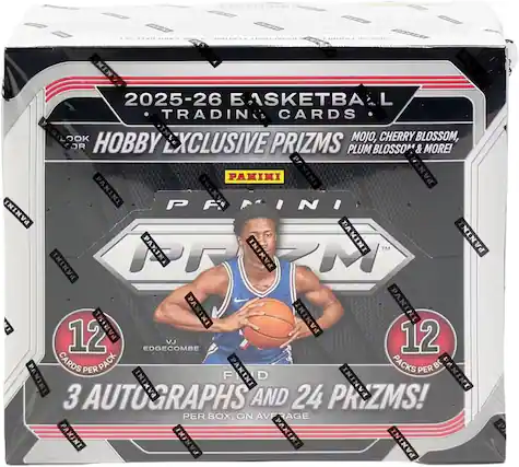 NIN 2025-26 NBA TRADING CARDS HOBBY EXCLUSIVE PRIZMS MOJO, CHERRY BLOSSOM, OR HOBBY EXCLUSIVE PRIZMS PLUM BLOSSOM & MORE! PANINI PANINI PANINI PANINI PANINI PANINI 12 PANINI 12 VJ EDGECOMBE CARDS PER PACK PACKS PER BOX, ON AVERAGE 3 AUTOGRAPHS AND 24 PRIZMS! PER BOX, ON AVERAGE