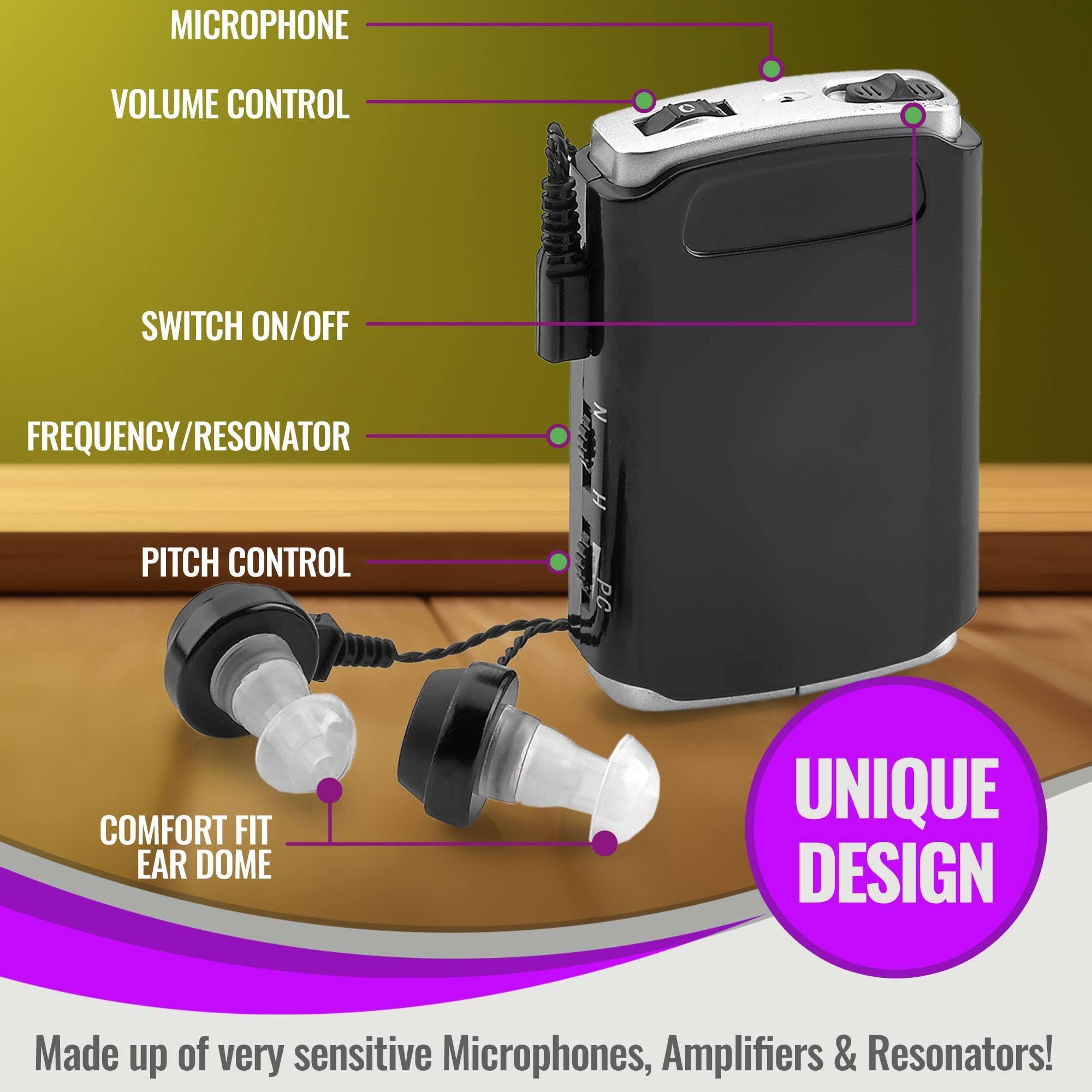 MICROPHONE  
VOLUME CONTROL  
SWITCH ON/OFF  
FREQUENCY/RESONATOR  
PITCH CONTROL  
COMFORT FIT EAR DOME  

UNIQUE DESIGN  

Made up of very sensitive Microphones, Amplifiers & Resonators!