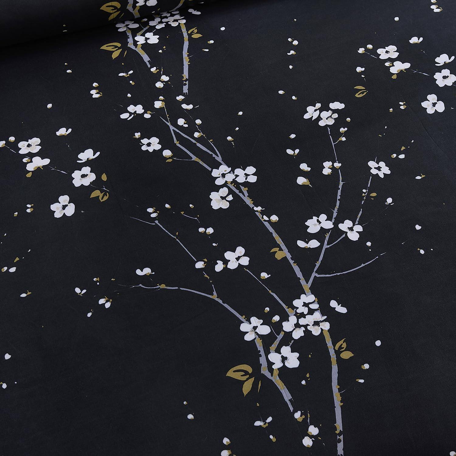 Back. Earthley Blooms - Soft Duvet Cover Set With Zipper Closure And Corner Ties Blossombranch Floral Printed Pattern Design 3 - Black-Queen.