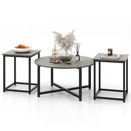 Front. Gymax - Gymax Round Nesting Table Set of 3 Coffee Table w/ 2 End Tables Sturdy Metal Frame - Gray, Black.