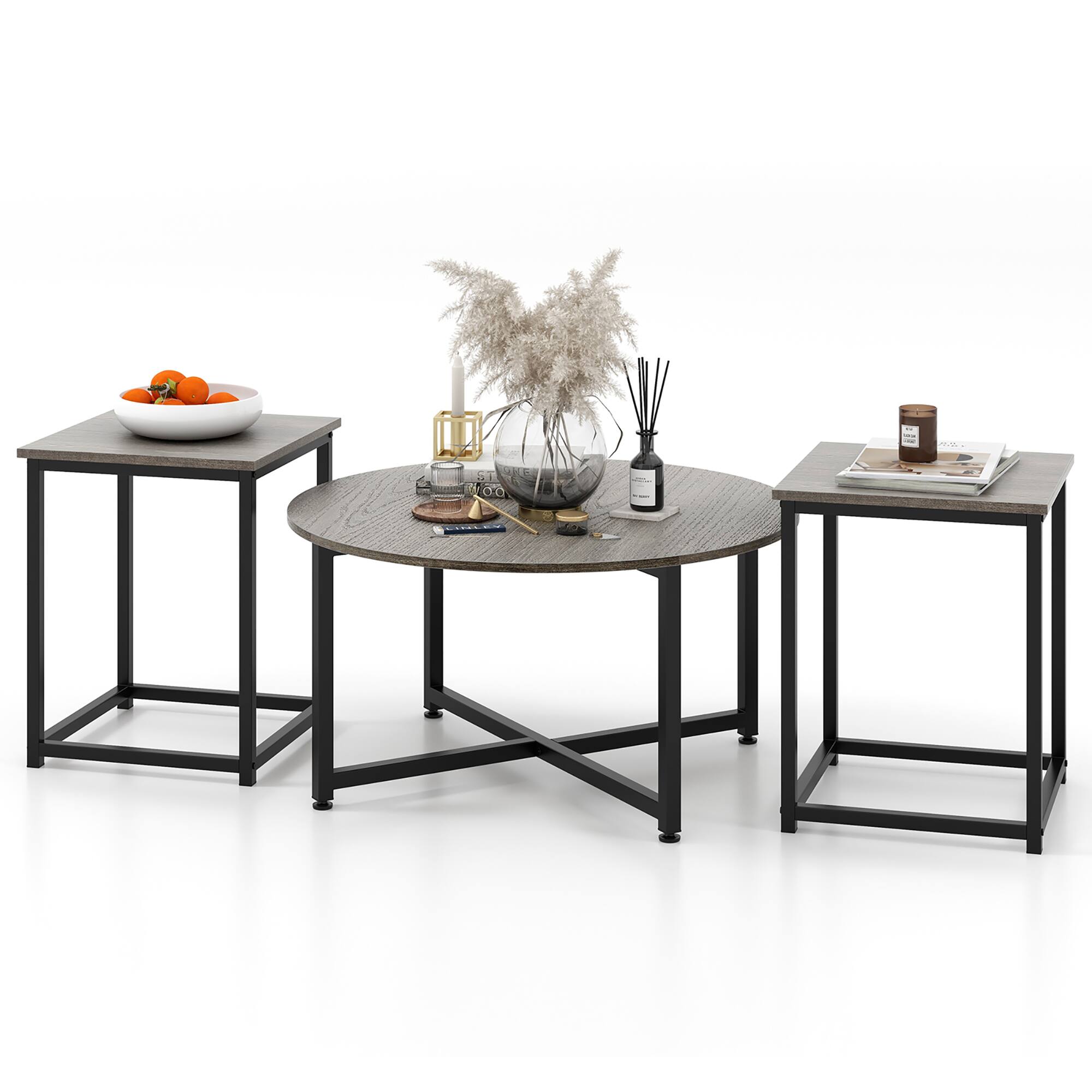 Front. Gymax - Gymax Round Nesting Table Set of 3 Coffee Table w/ 2 End Tables Sturdy Metal Frame - Gray, Black.