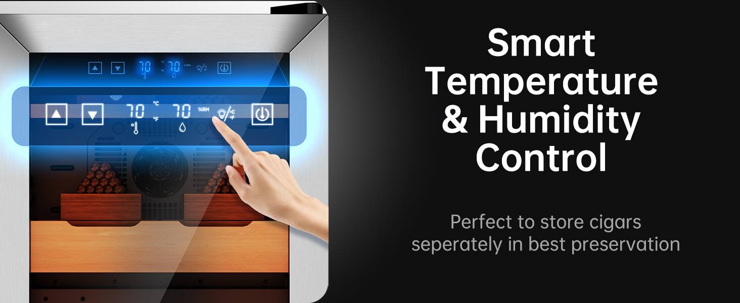 F 10 ' C 70 "F - o/ 10 %RH C + Smart Temperature & Humidity Control Perfect to store cigars separately in best preservation
