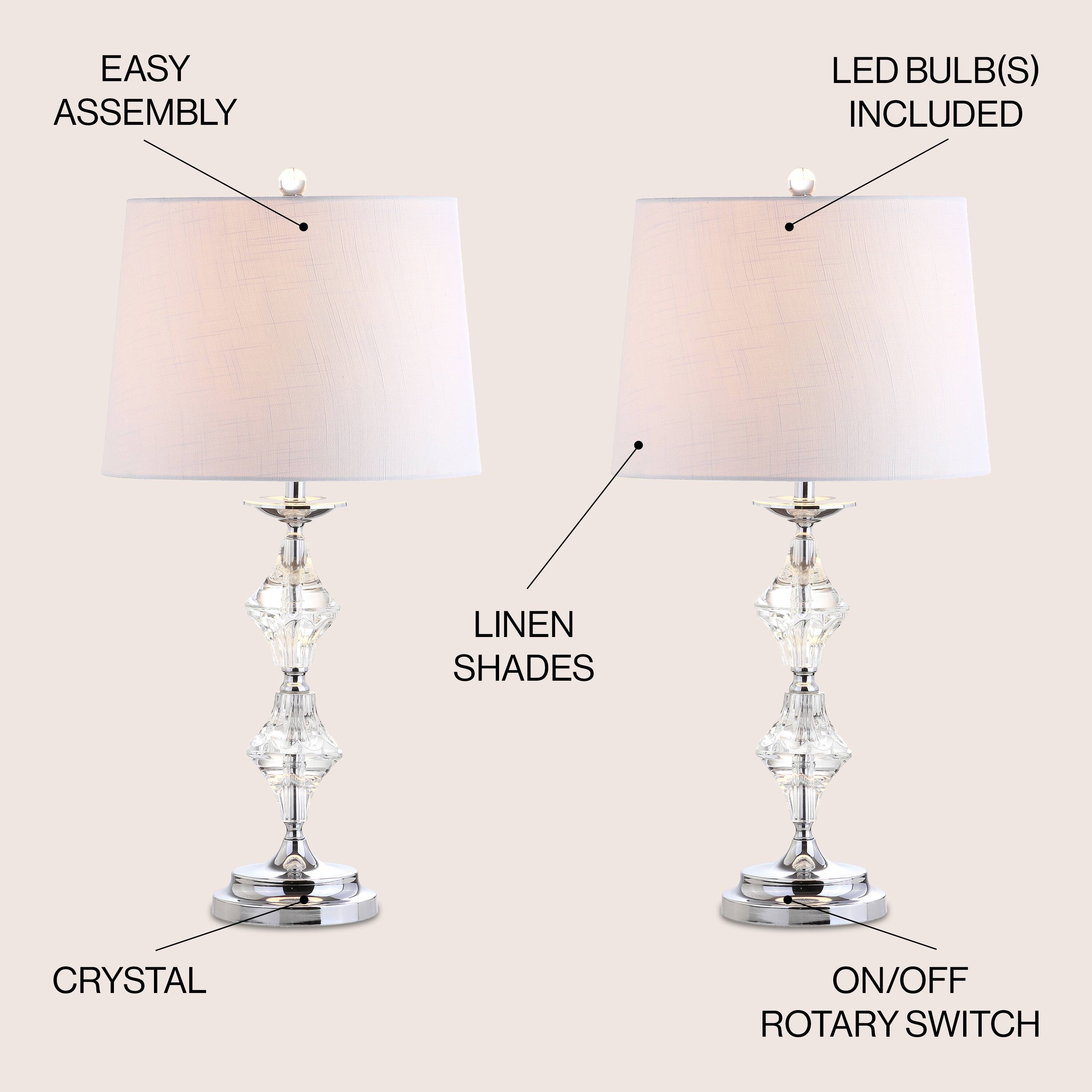 - EASY ASSEMBLY
- LED BULB(S) INCLUDED
- LINEN SHADES
- CRYSTAL
- ON/OFF ROTARY SWITCH