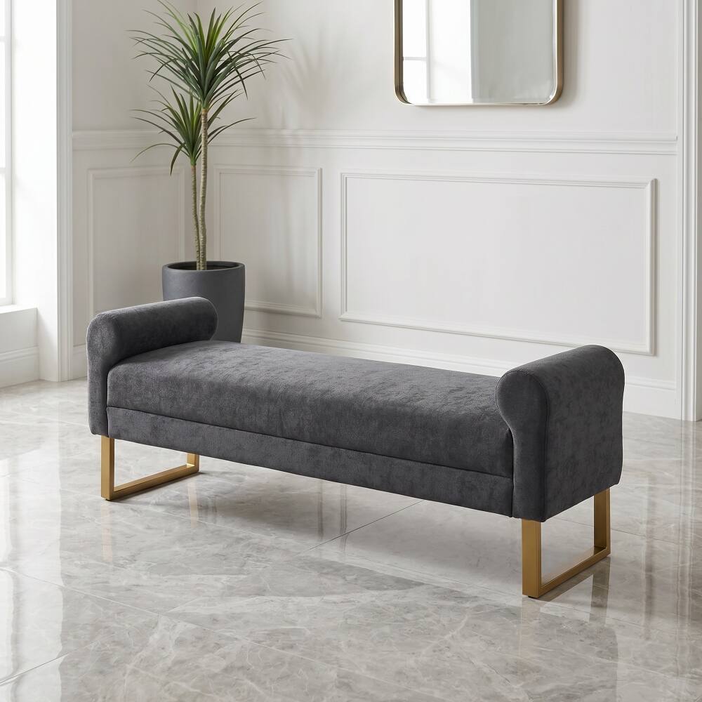 Back. Ropilly - 65" Dark Grey Chenille End of Bed Bench with Gold Legs, Modern Upholstered Ottoman Bench - Dark Grey.
