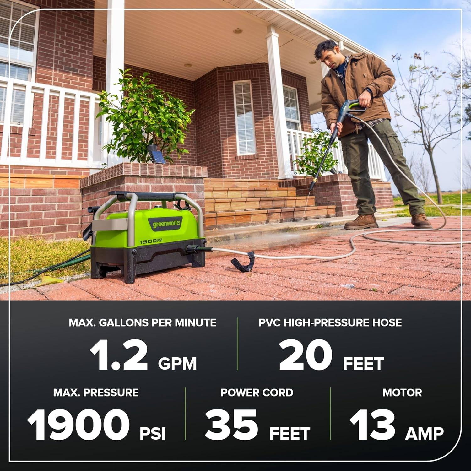 - **Greenworks 1900 PSI**
- **Max. Gallons Per Minute:** 1.2 GPM
- **Max. Pressure:** 1900 PSI
- **PVC High-Pressure Hose:** 20 Feet
- **Power Cord:** 35 Feet
- **Motor:** 13 AMP