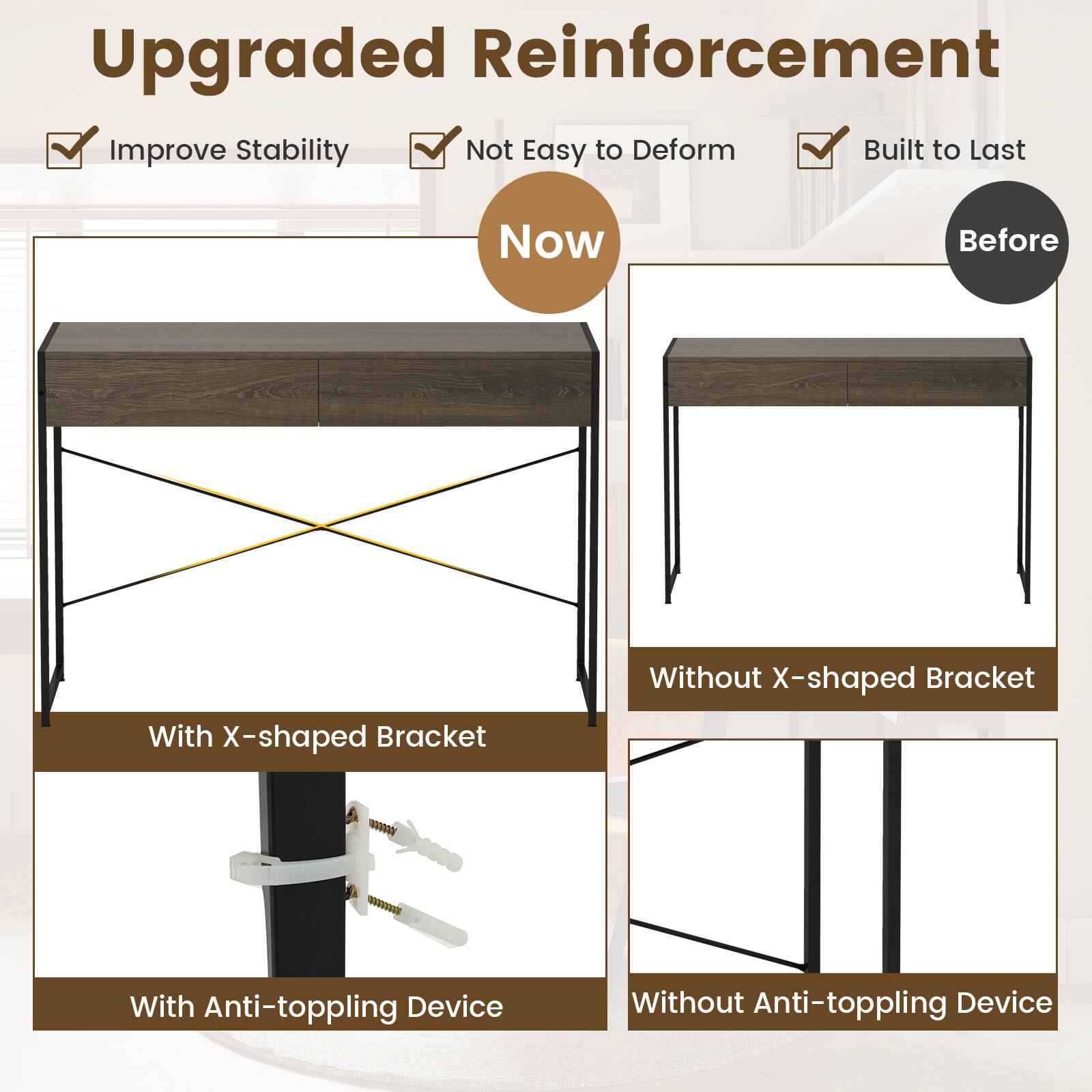 Upgraded Reinforcement

Now
- Improve Stability
- Not Easy to Deform
- Built to Last

With X-shaped Bracket
With Anti-toppling Device

Before
Without X-shaped Bracket
Without Anti-toppling Device