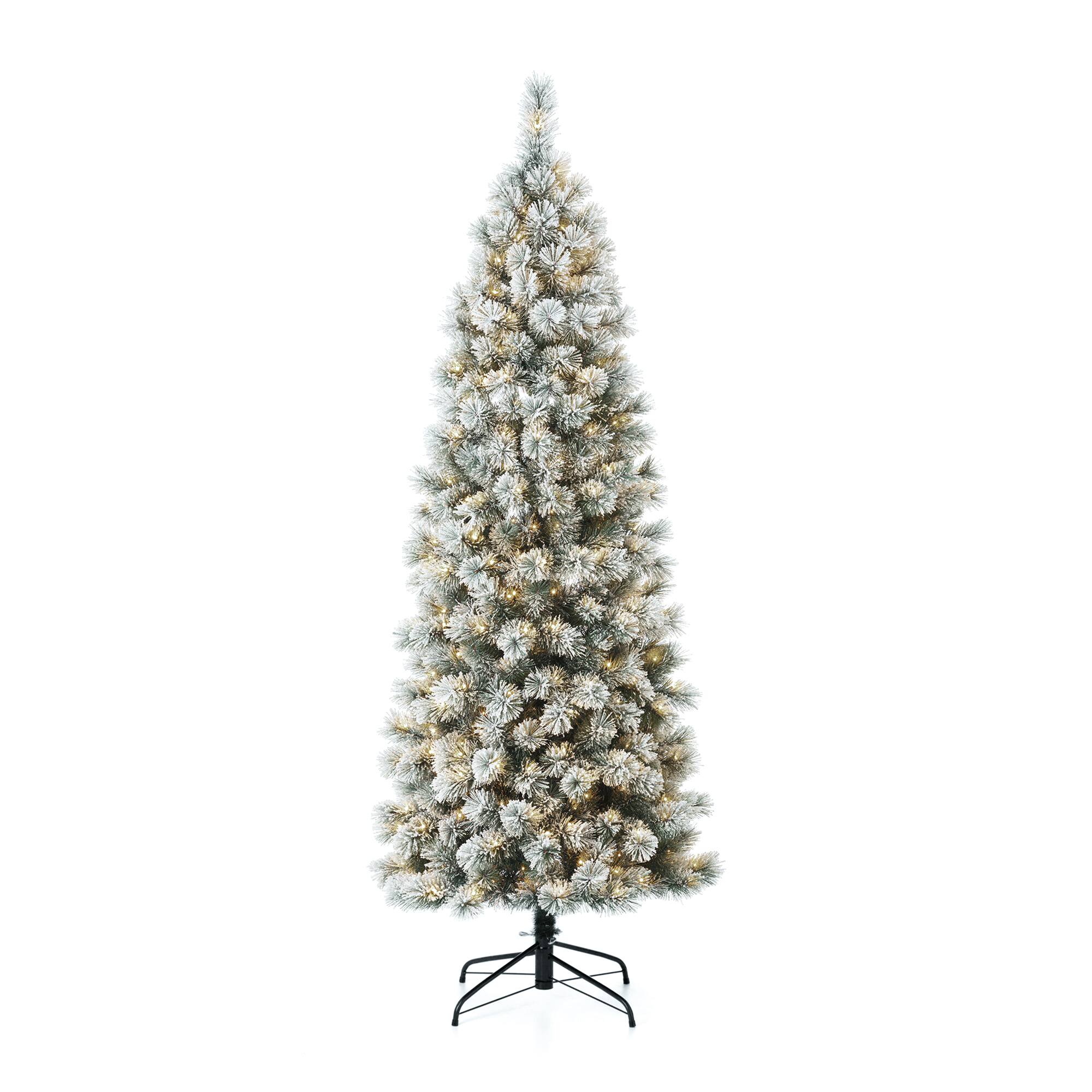 Angle. Glitzhome - 7.5ft Pre-Lit Flocked Pencil Pine Artificial Christmas Tree with 350 Lights - White.
