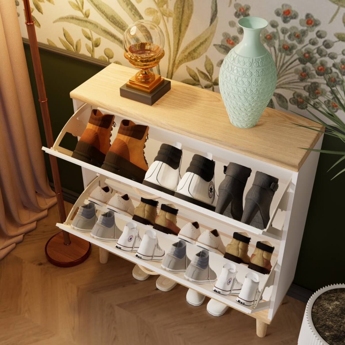 Alt View 1. HTUTWOO - Shoe Storage Cabinet with 2 Flip Doors - Modern Entryway & Narrow Hallway Organizer for 8-16 Pairs,for Families - Beige.