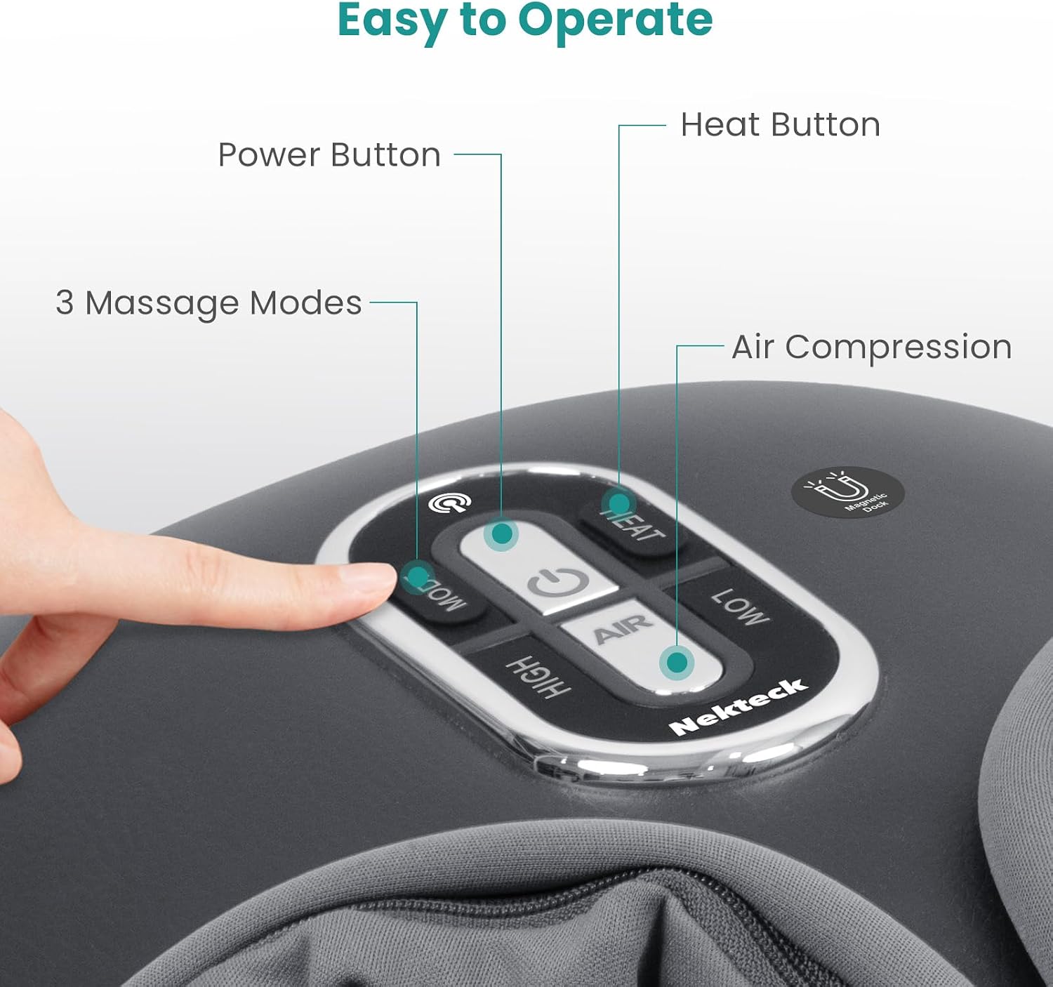 Easy to Operate  
Power Button  
Heat Button  
3 Massage Modes  
Air Compression  
LOW  
HIGH  
Nekteck