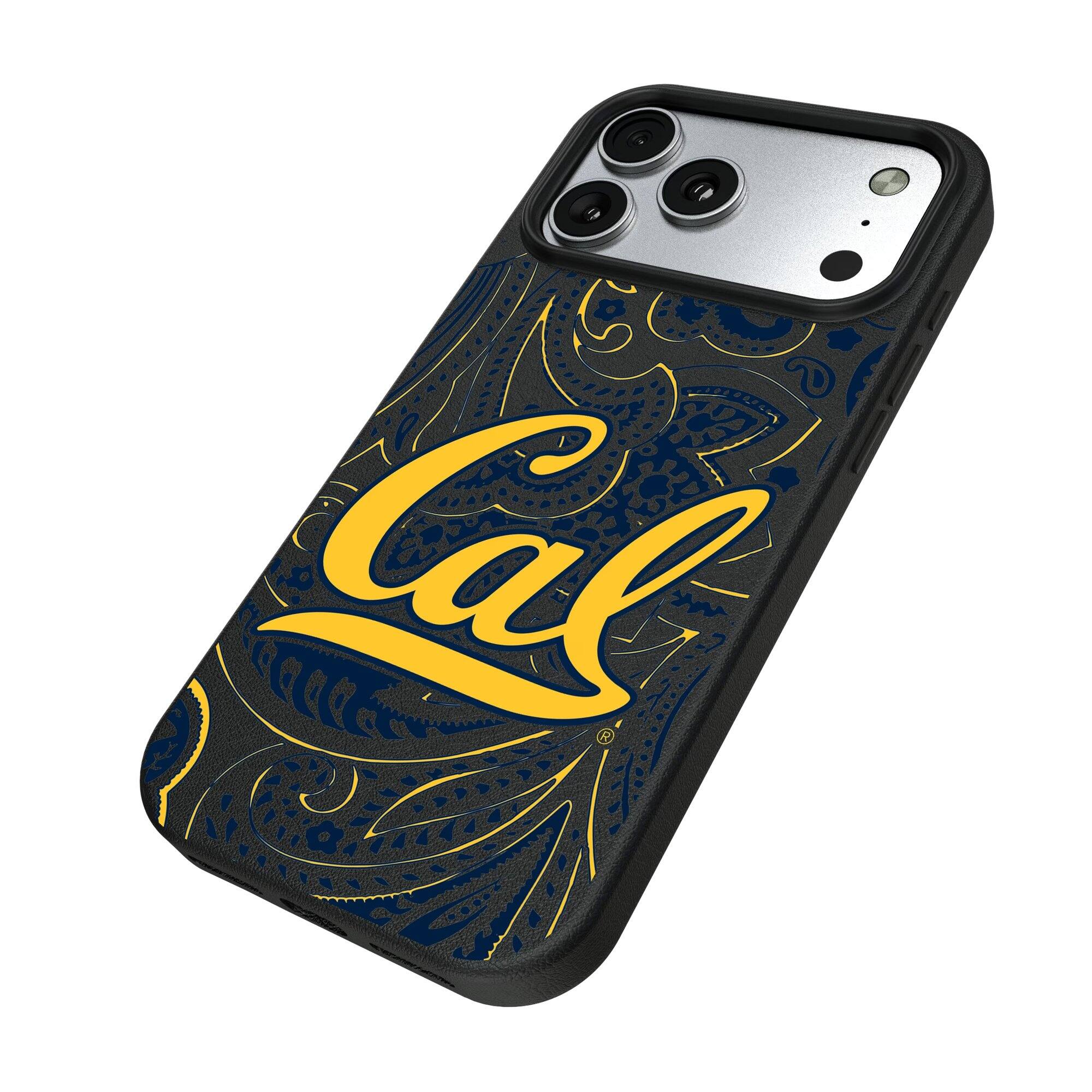 Alt View 1. Keyscaper - Cal Bears Paisley iPhone Magnetic Bump Case - 15 Pro - Black.