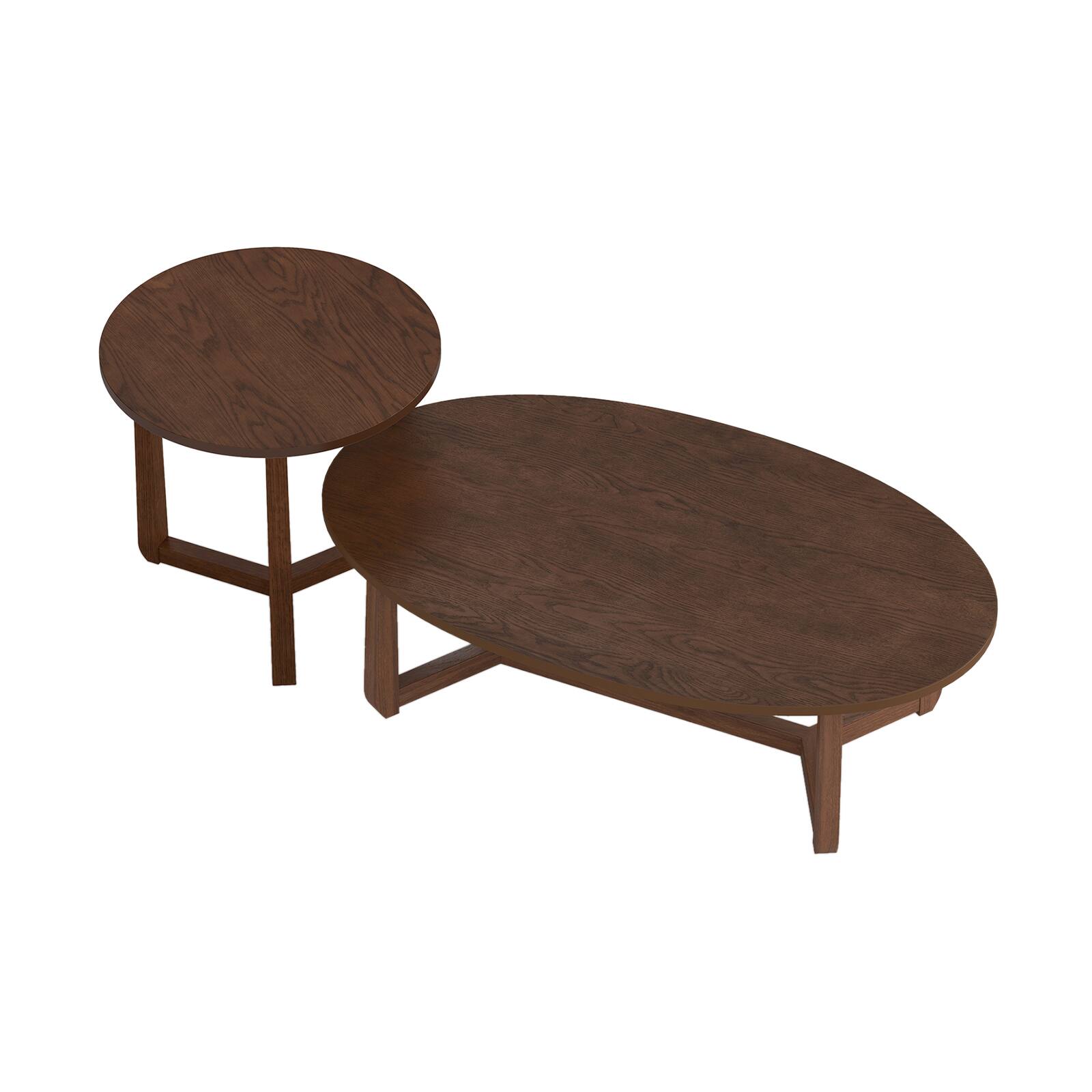 Alt View 5. Costway - Costway Nesting Coffee Table Set of 2 Oval Accent Table & Round Sofa Side Table - Walnut.