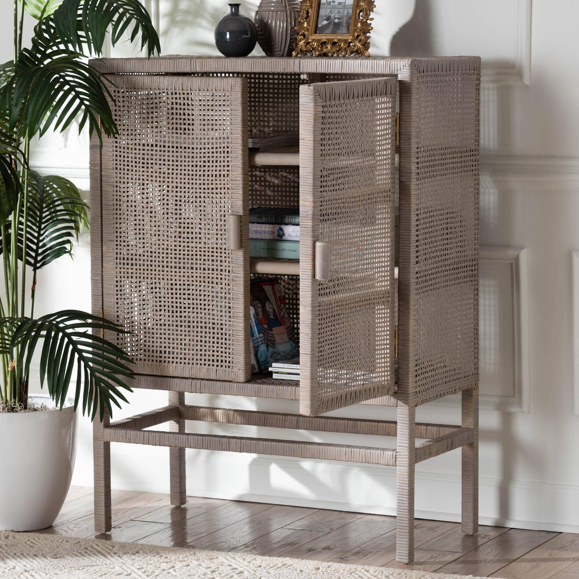 Alt View 6. bali & pari - Vivan Natural Rattan Storage Cabinet - 3-Tier Handwoven Wicker Accent Cabinet with Double Doors and Elevated Base - French Grey.