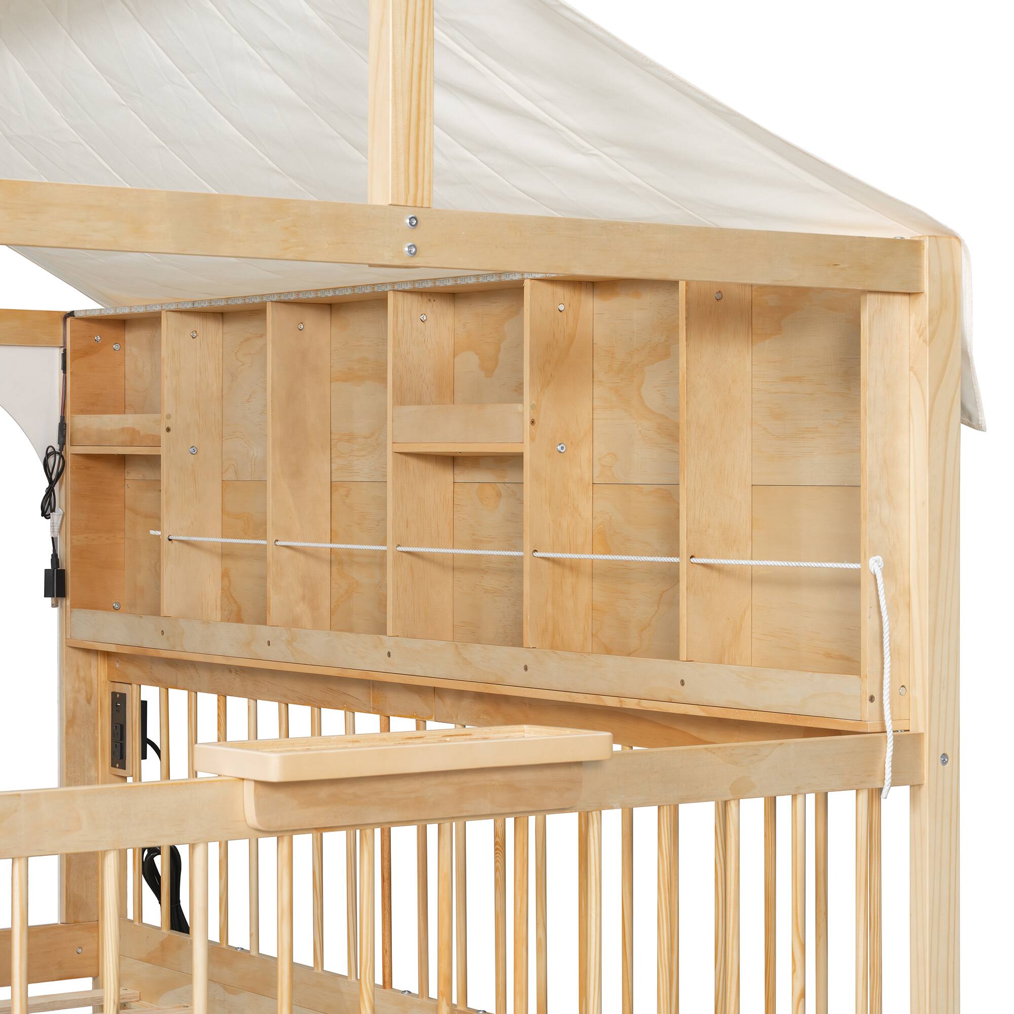 Alt View 6. Anysun - Full Size House Bed with 2 Large Drawers, Side Bookshelf with LED Strip - Natural.