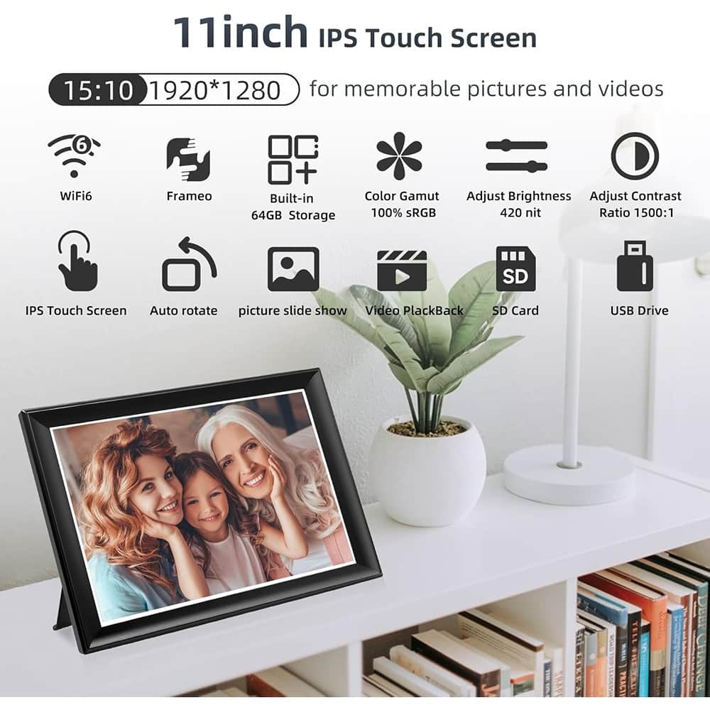 MOSZAR LLC - 11" 2K Digital Picture Frame WiFi 64GB IPS Touch Screen Black