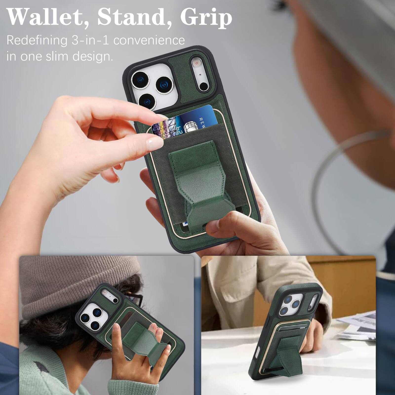 Wallet, Stand, Grip  
Redefining 3-in-1 convenience in one slim design.