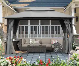 Mondawe - 10x14FT Outdoor Gazebo, Curtains and Mosquito Nettings included,Heavy Duty Metal Frame - Gray