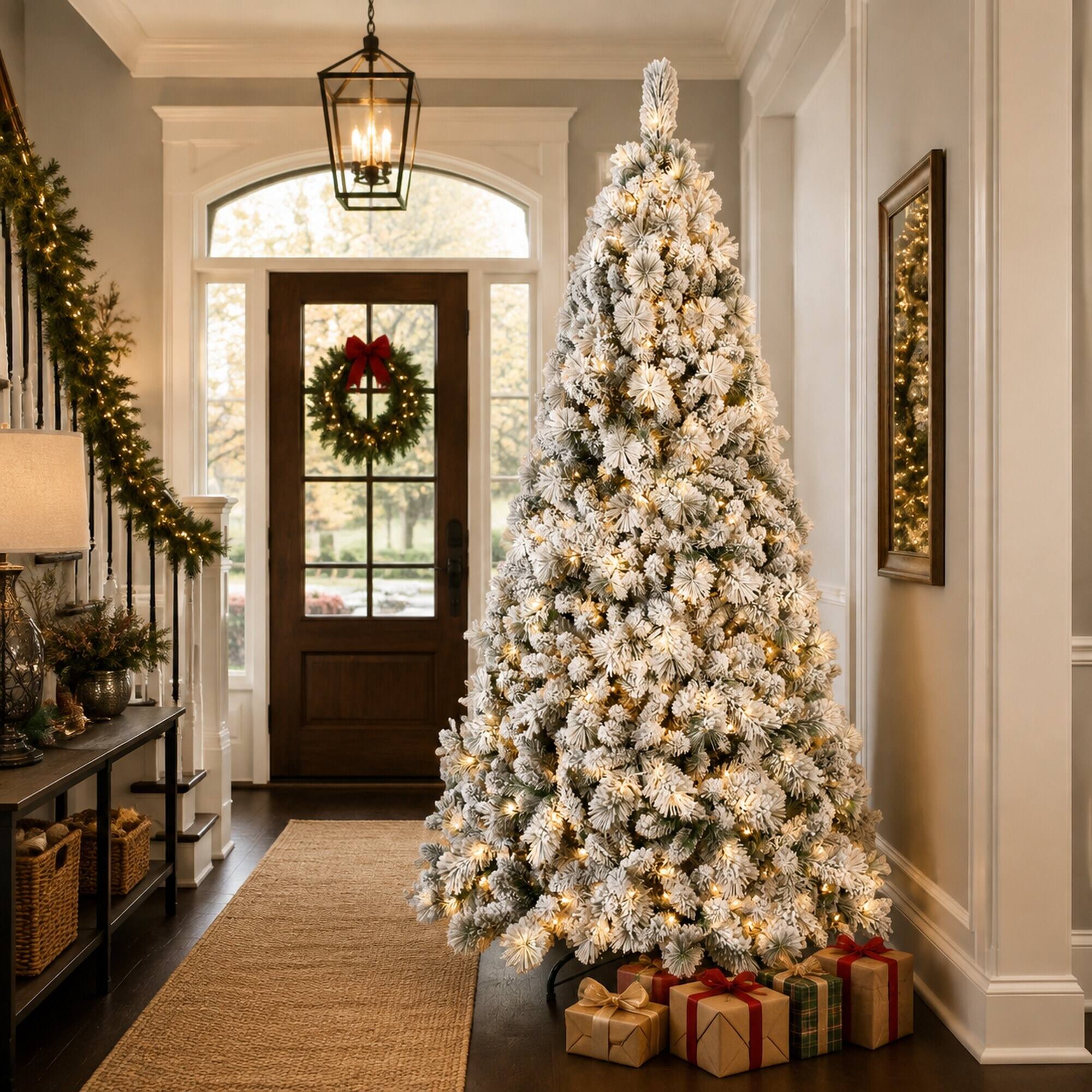 Alt View 1. RYHNUYNE - 9FT Flocked Pre-Lit Christmas Tree, 750 Warm White LED Lights 1964 Tips PVC Hard Needle Hinged Design Sturdy Metal Stand - Green,White.