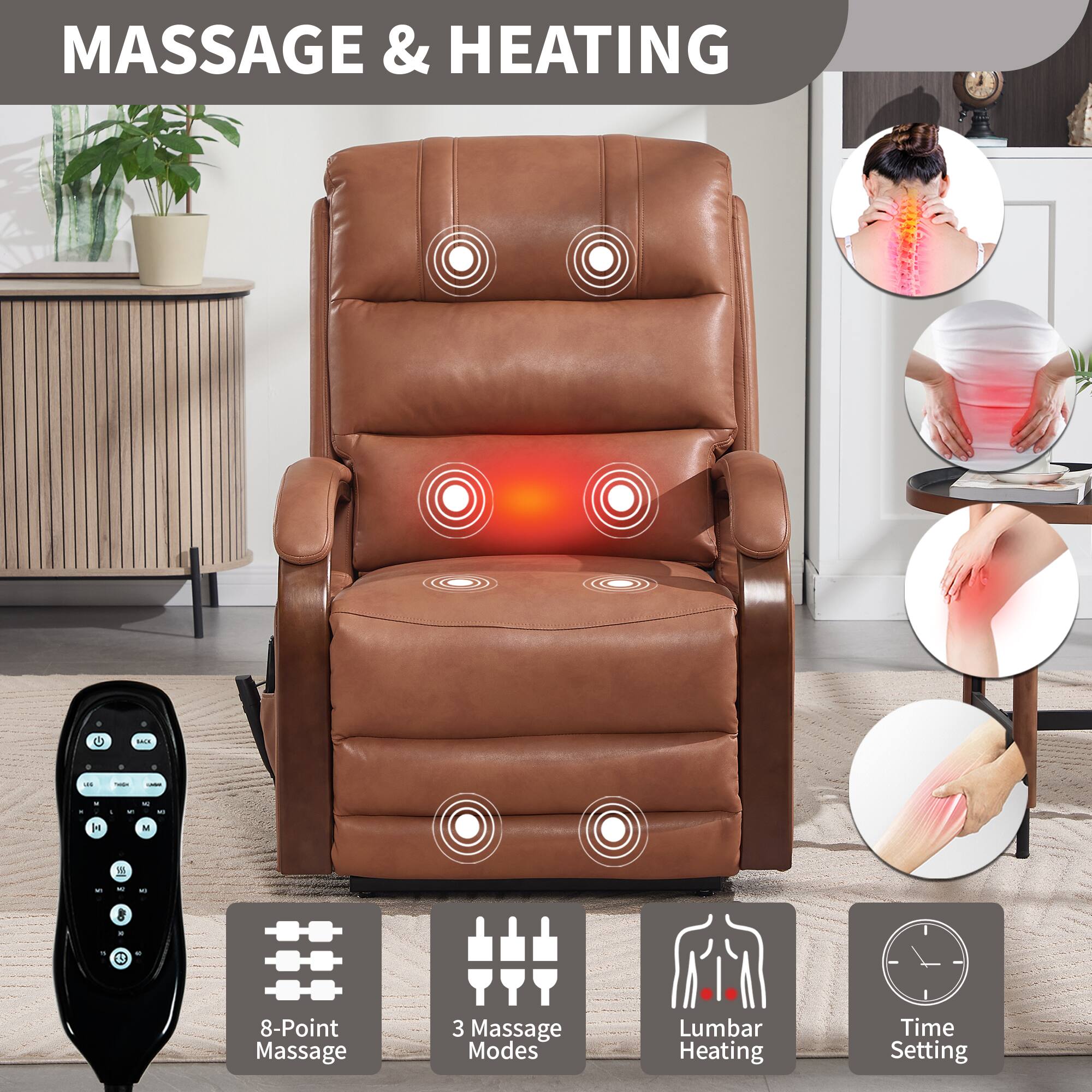 MASSAGE & HEATING

- 8-Point Massage
- 3 Massage Modes
- Lumbar Heating
- Time Setting